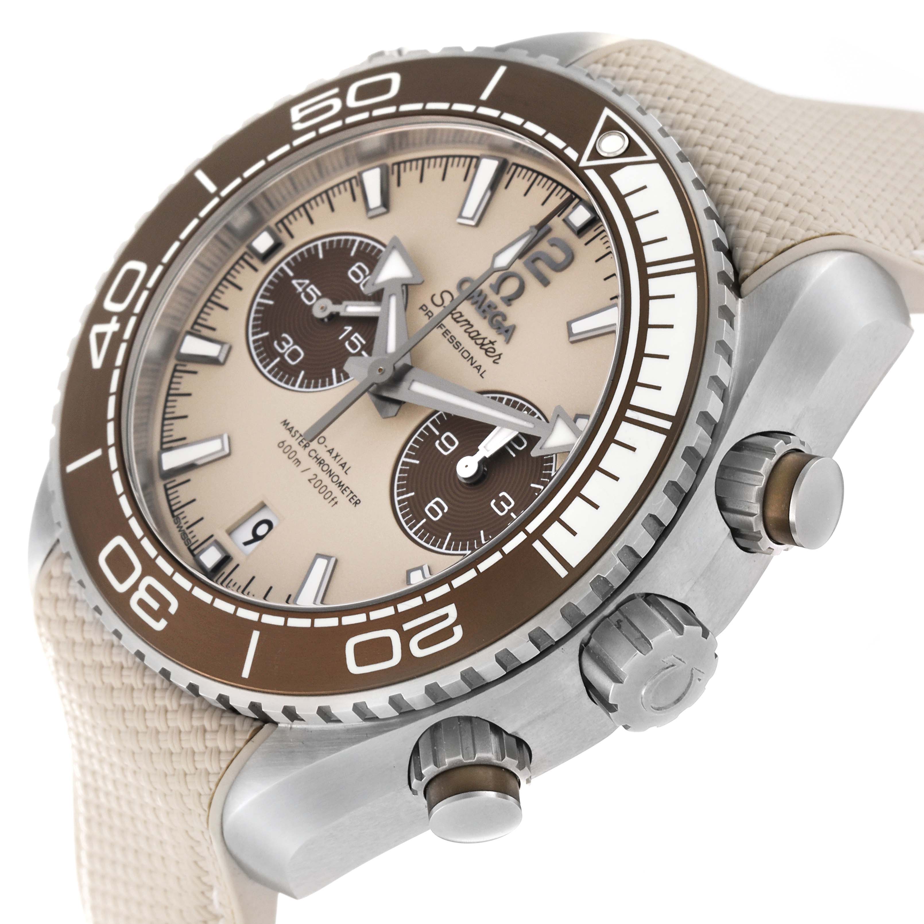 The image shows a close-up angle of an Omega Planet Ocean 215.32.46.51.09.001 Men's Stainless Steel Beige Dial 215.32.46.51.09.001 Men's Stainless Steel Beige Dial watch, highlighting the dial, bezel, case, and crown.