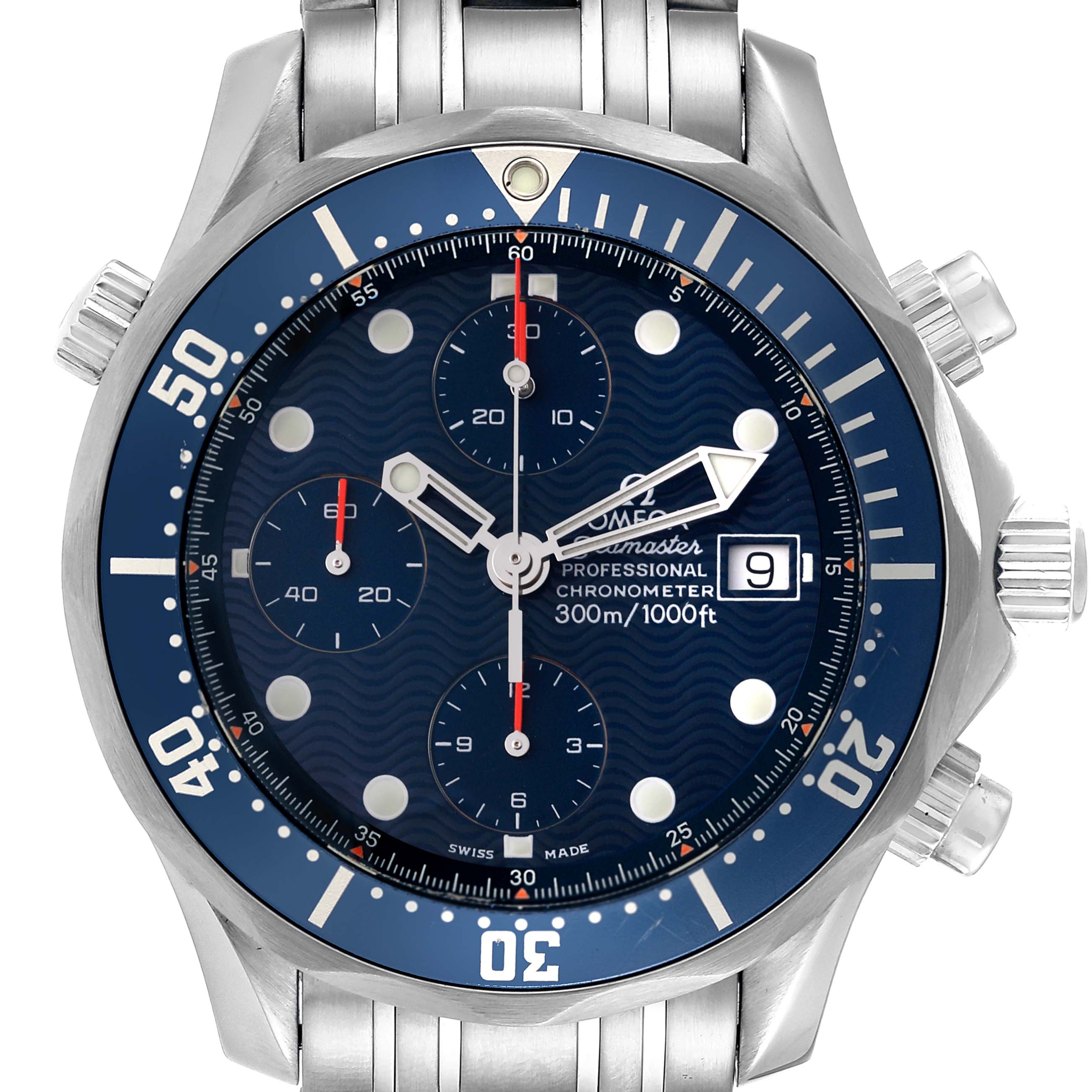 The image shows a front view of an Omega Seamaster 2599.80.00 Men's Stainless Steel Blue Dial 2599.80.00 Men's Stainless Steel Blue Dial watch, highlighting its blue dial, stainless steel band, and chronograph features.