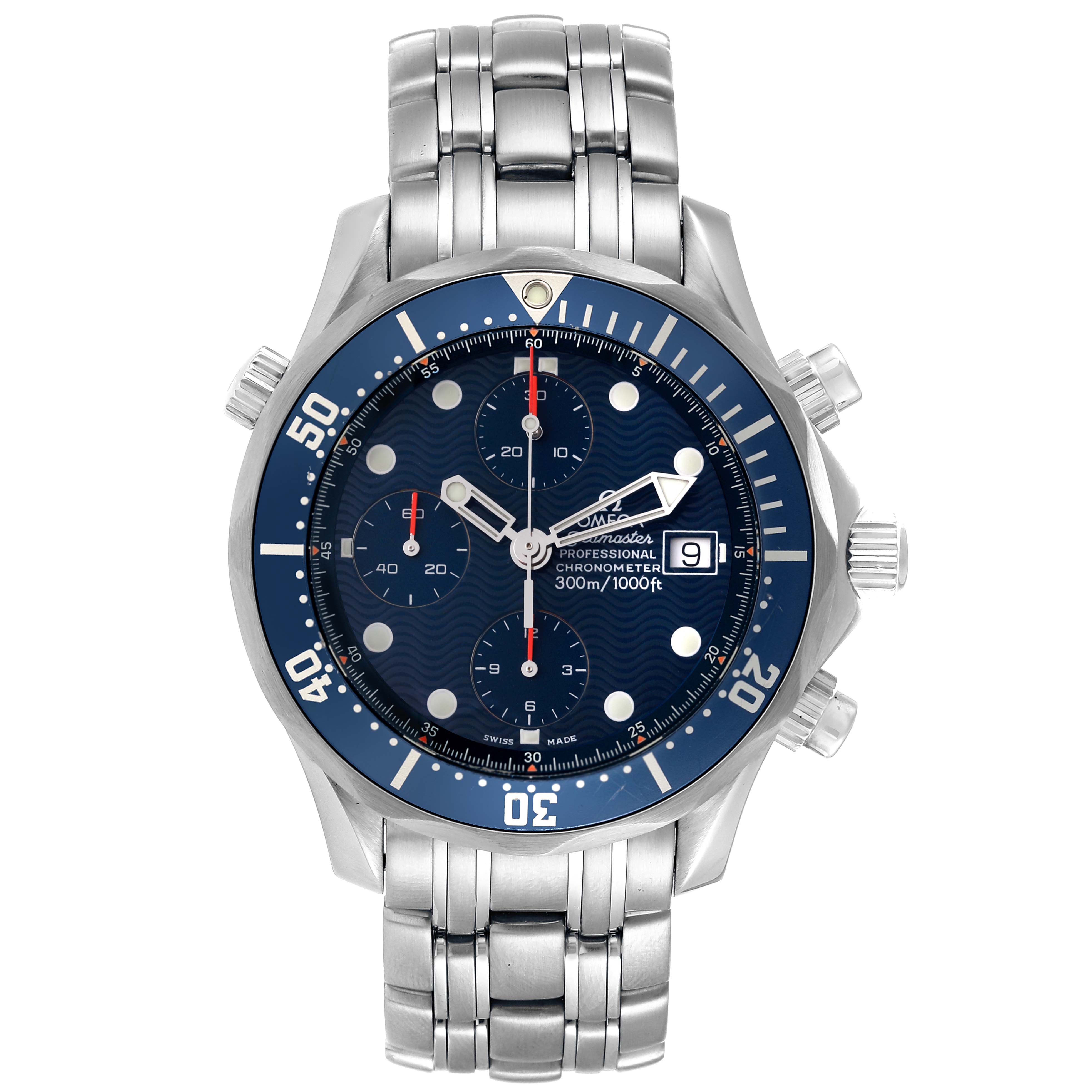 The image shows a front view of the Omega Seamaster 2599.80.00 Men's Stainless Steel Blue Dial 2599.80.00 Men's Stainless Steel Blue Dial watch, displaying the face, bezel, crown, and stainless steel bracelet.