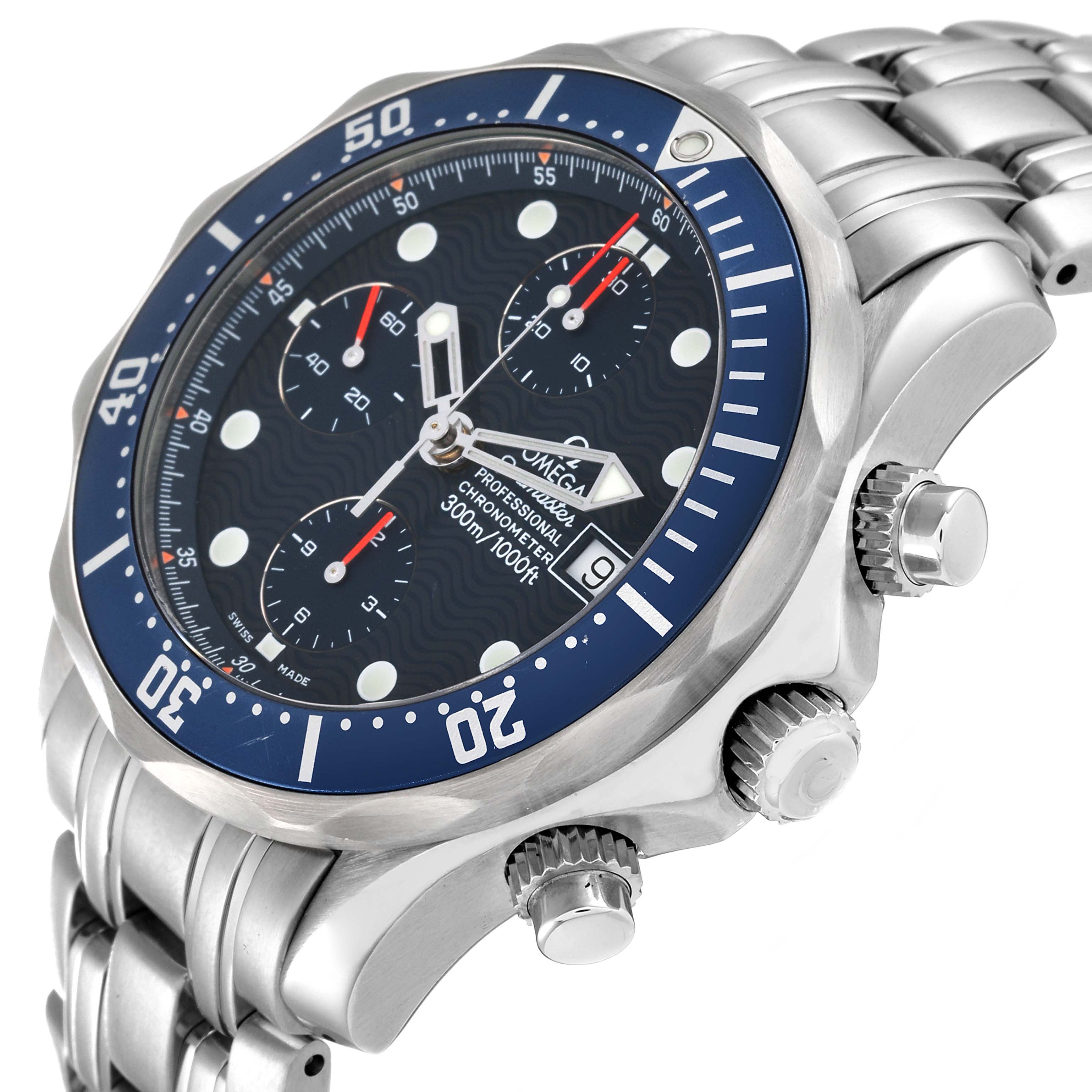 The image shows a close-up side view of an Omega Seamaster 2599.80.00 Men's Stainless Steel Blue Dial 2599.80.00 Men's Stainless Steel Blue Dial watch, highlighting the bezel, crown, subdials, and bracelet.