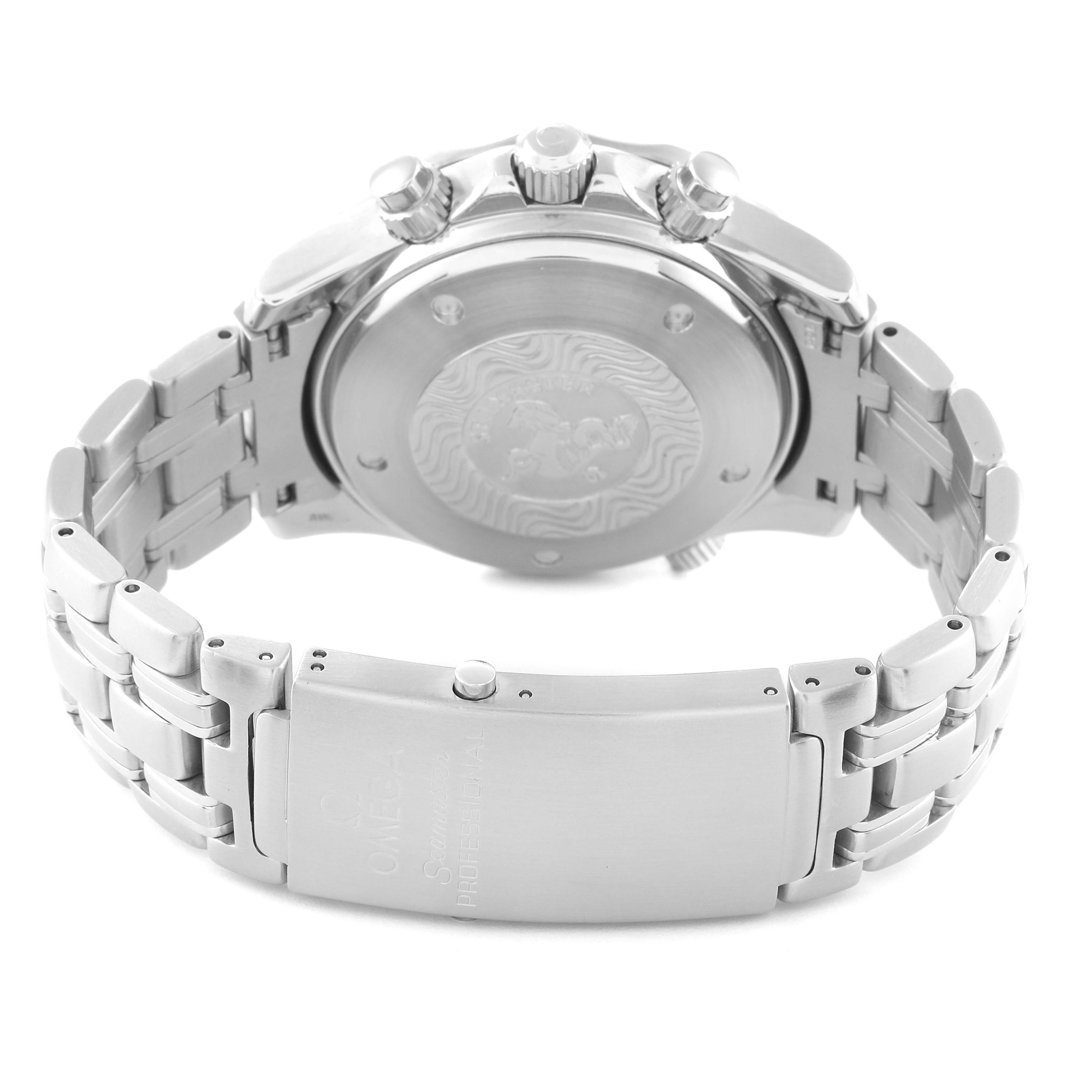 The image shows the back view of an Omega Seamaster 2599.80.00 Men's Stainless Steel Blue Dial 2599.80.00 Men's Stainless Steel Blue Dial watch, highlighting the case back, bracelet, and clasp.