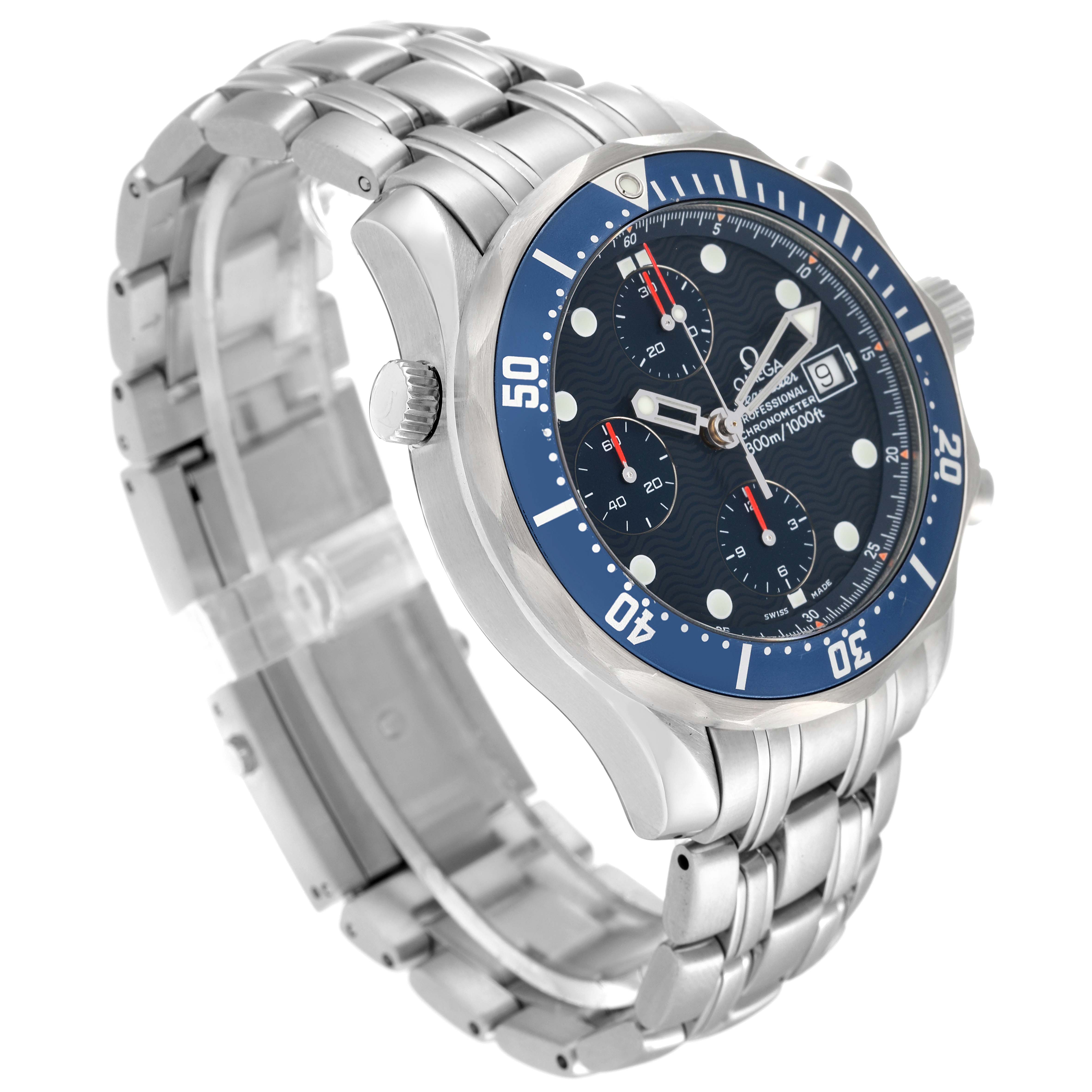 This Omega Seamaster 2599.80.00 Men's Stainless Steel Blue Dial 2599.80.00 Men's Stainless Steel Blue Dial watch is shown from a three-quarter angle, highlighting its stainless steel bracelet and blue dial.