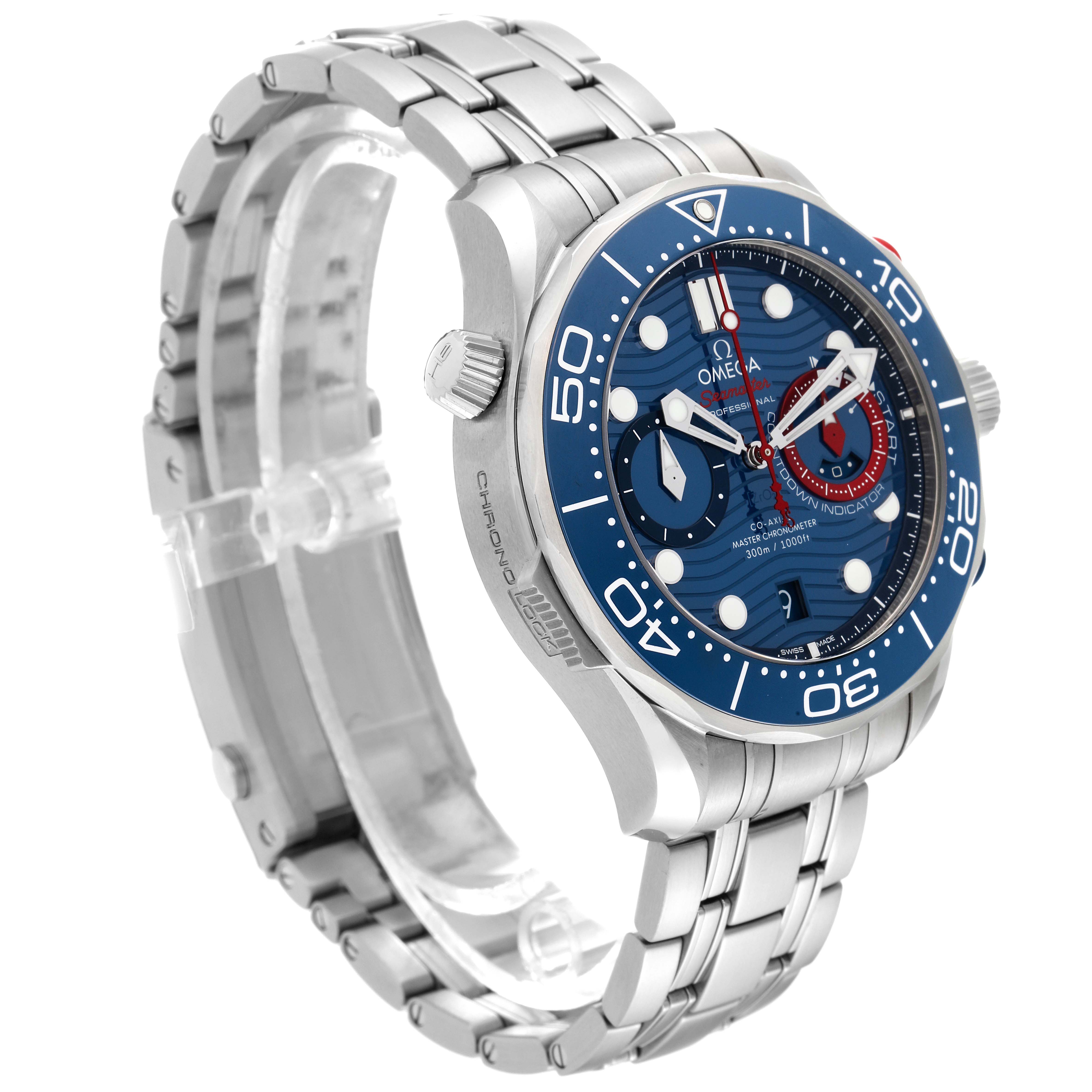 The image shows a side angle of an Omega Seamaster 63377 Men
s Stainless Steel Blue Dial 63377 Men
s Stainless Steel Blue Dial watch, highlighting its blue dial, bezel, and metallic bracelet.