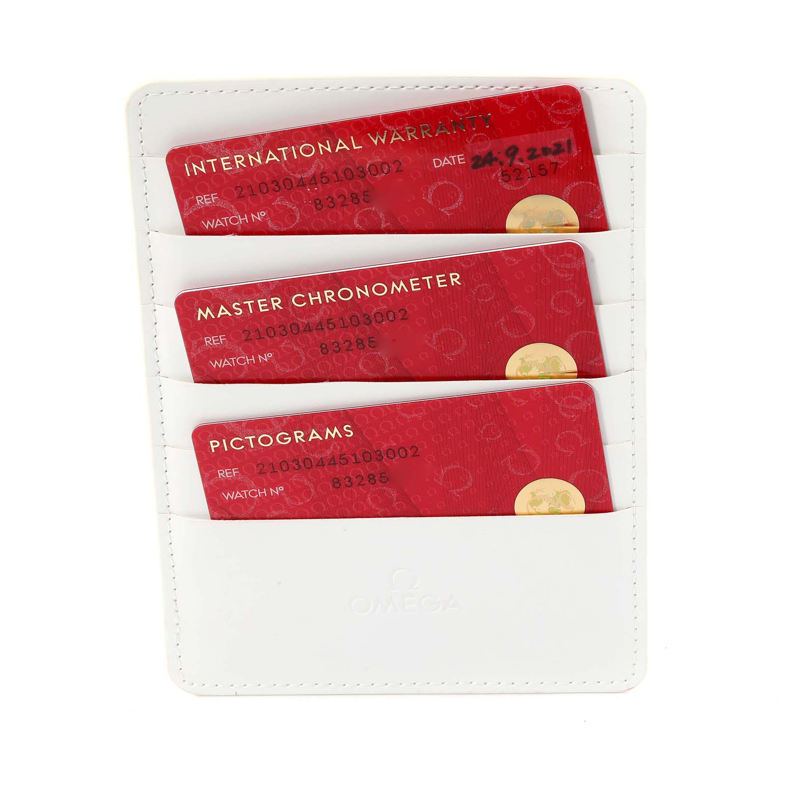 This image shows the warranty cards for the Omega Seamaster 63377 Men
s Stainless Steel Blue Dial 63377 Men
s Stainless Steel Blue Dial model, including the International Warranty, Master Chronometer, and Pictograms cards.