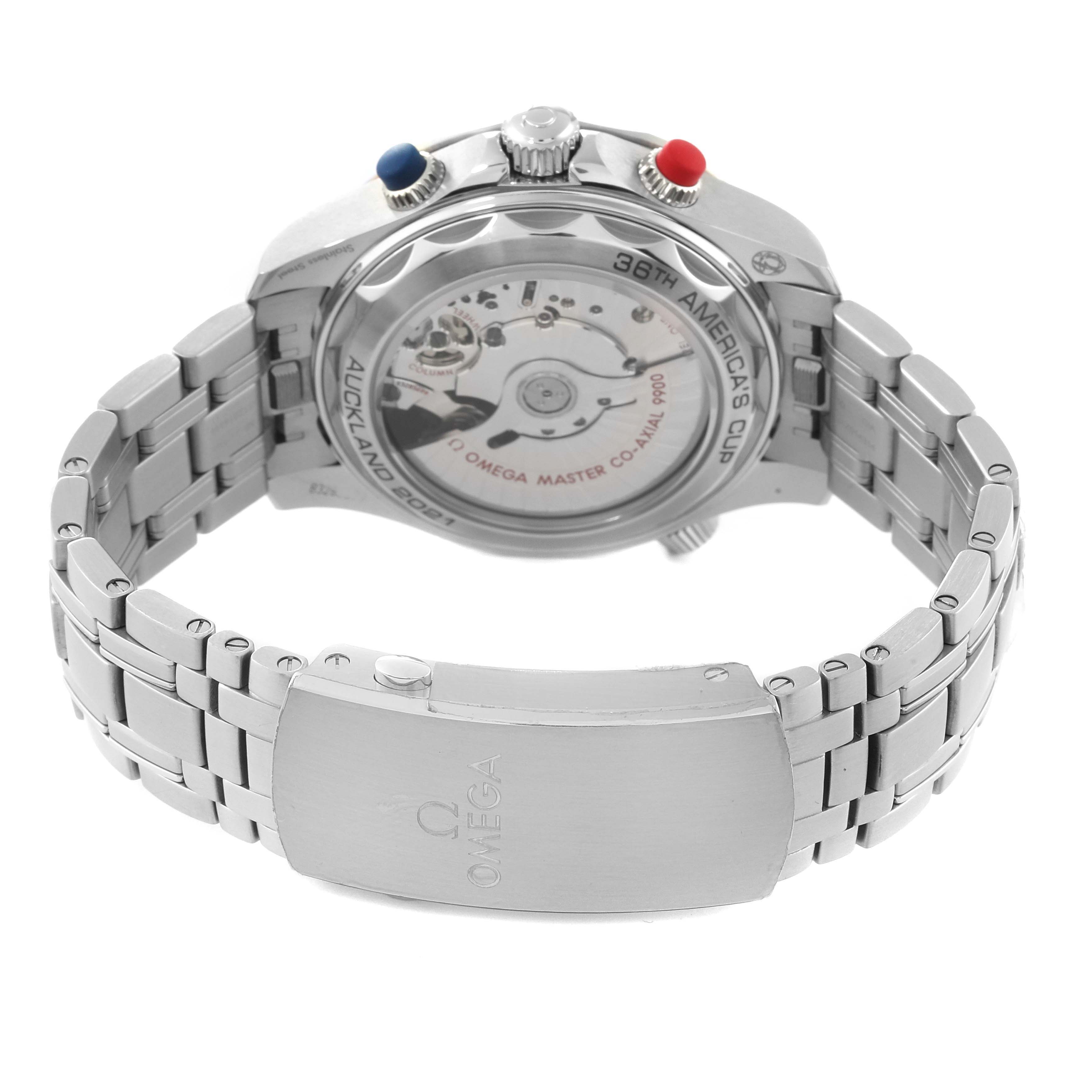 The image shows the back view of an Omega Seamaster 63377 Men
s Stainless Steel Blue Dial 63377 Men
s Stainless Steel Blue Dial watch, highlighting its open case back and stainless steel bracelet.