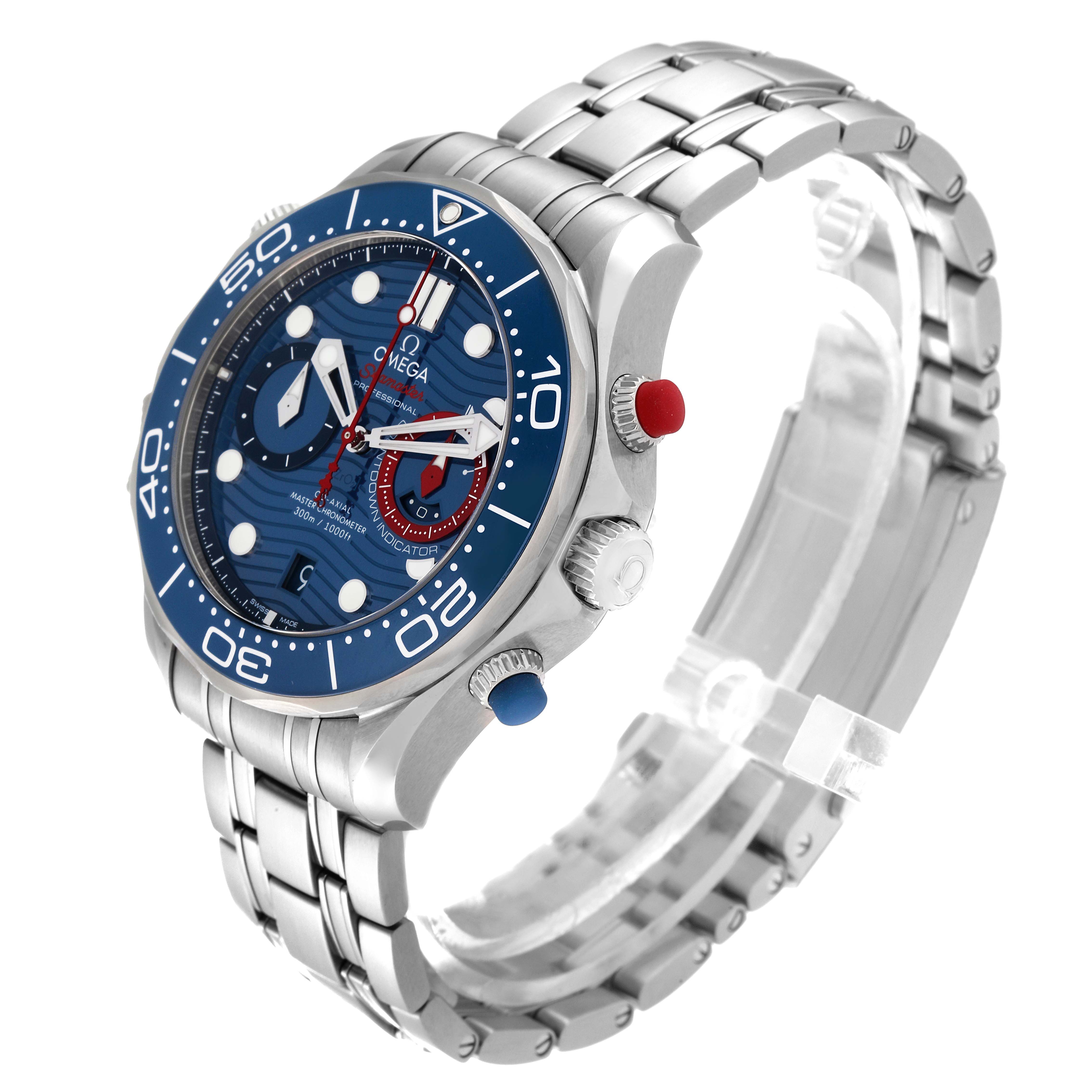 The image shows a side and frontal angle of the Omega Seamaster 63377 Men
s Stainless Steel Blue Dial 63377 Men
s Stainless Steel Blue Dial watch, highlighting the bezel, dial, and stainless steel bracelet.