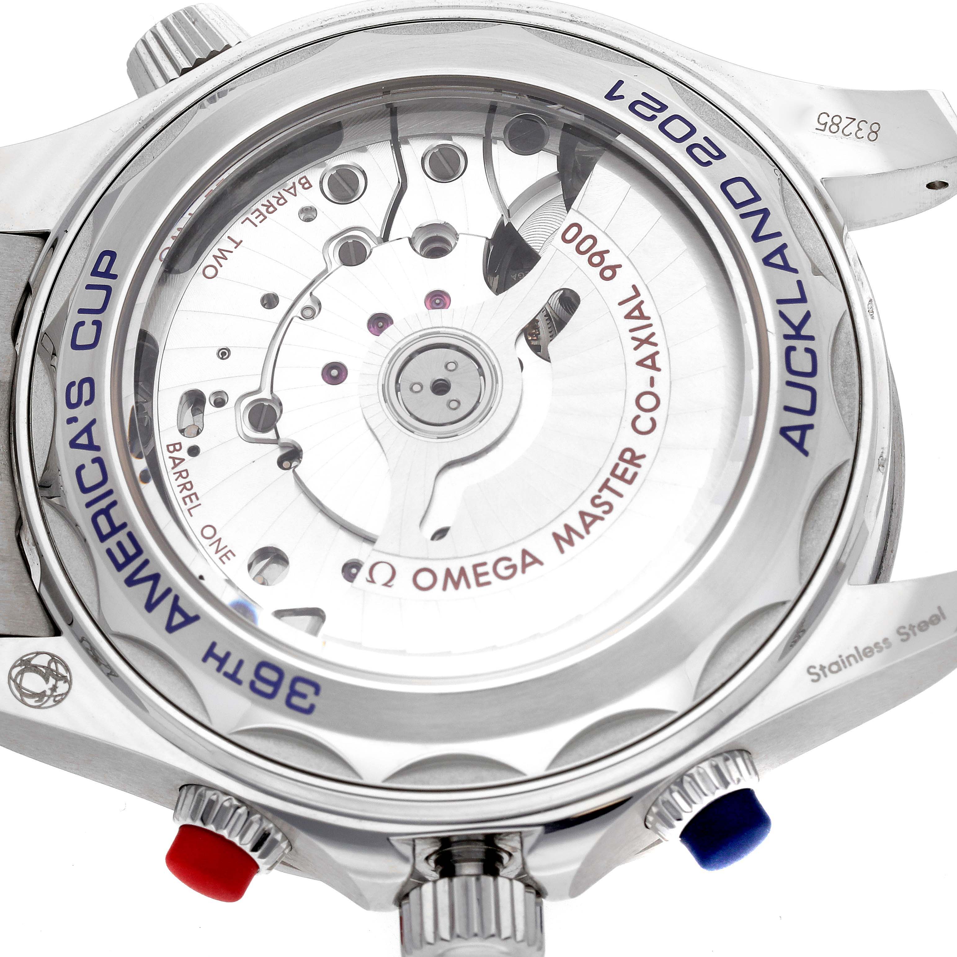 The image shows the back view of the Omega Seamaster 63377 Men
s Stainless Steel Blue Dial 63377 Men
s Stainless Steel Blue Dial watch, displaying its movement and inscriptions, including “Omega Master Co-Axial 9900.”