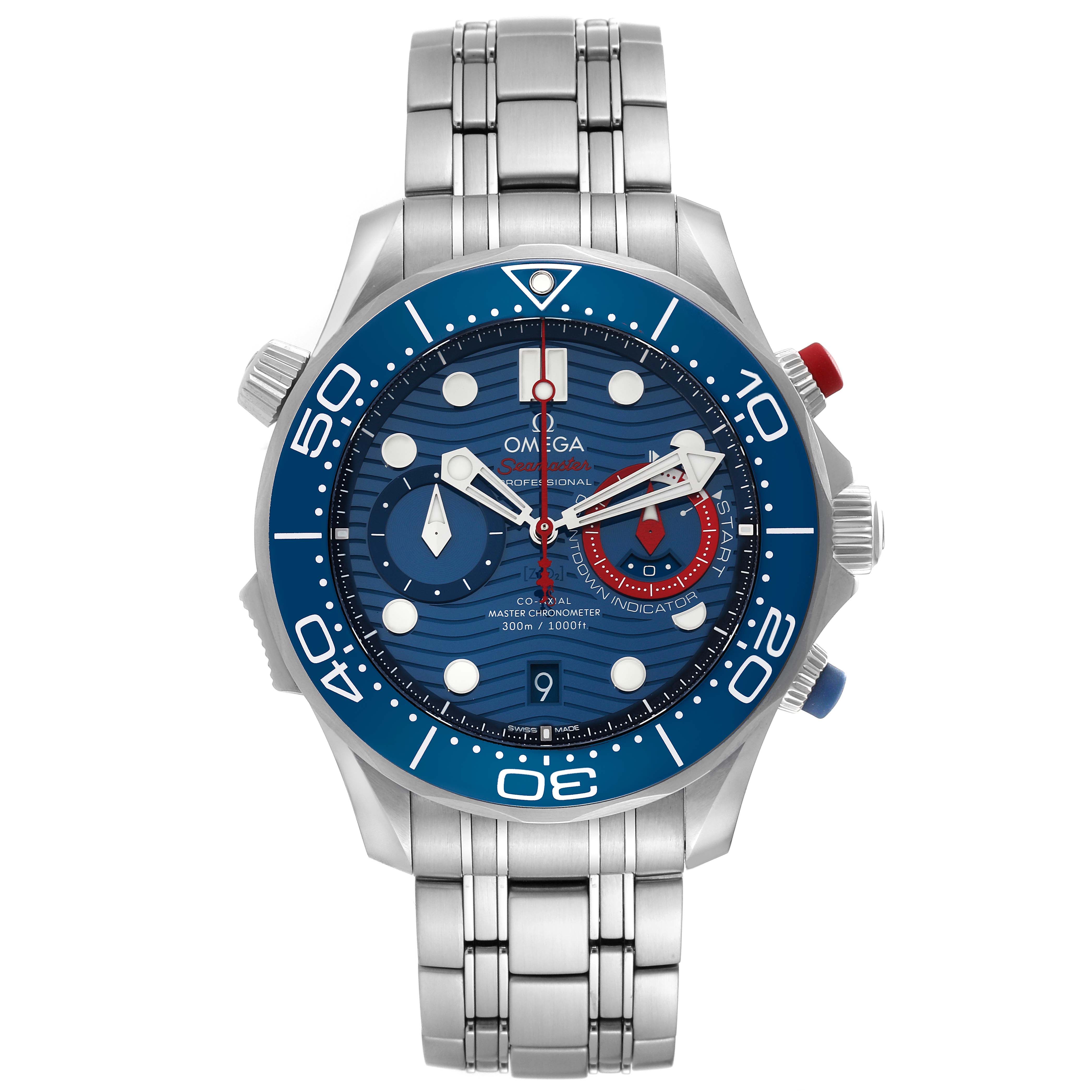 The image shows a front view of the Omega Seamaster 63377 Men
s Stainless Steel Blue Dial 63377 Men
s Stainless Steel Blue Dial watch, displaying its blue dial, bezel, and stainless steel bracelet.