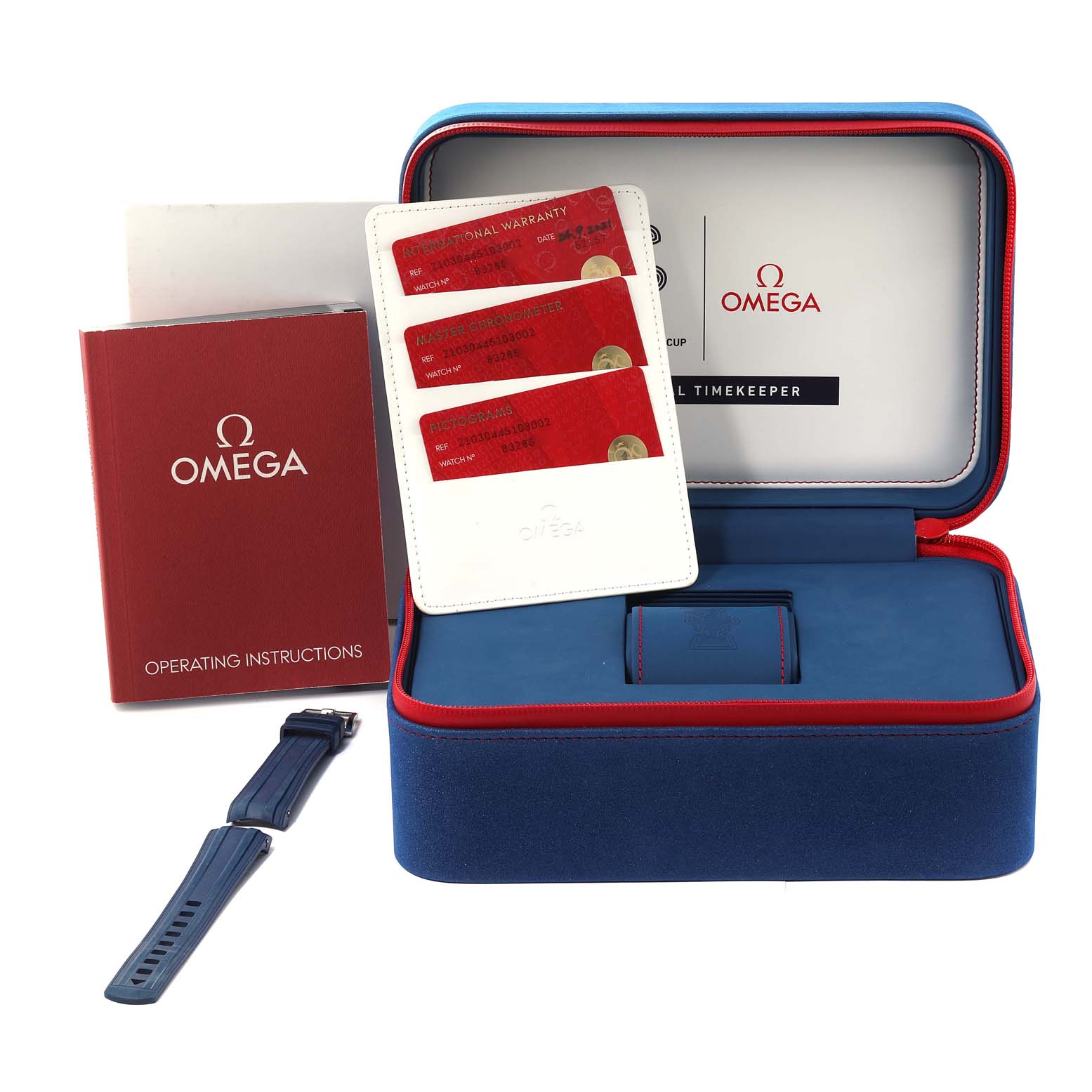 The image displays the Omega Seamaster 63377 Men
s Stainless Steel Blue Dial 63377 Men
s Stainless Steel Blue Dial watch accessories including the box, warranty cards, operating instructions, and an extra strap.