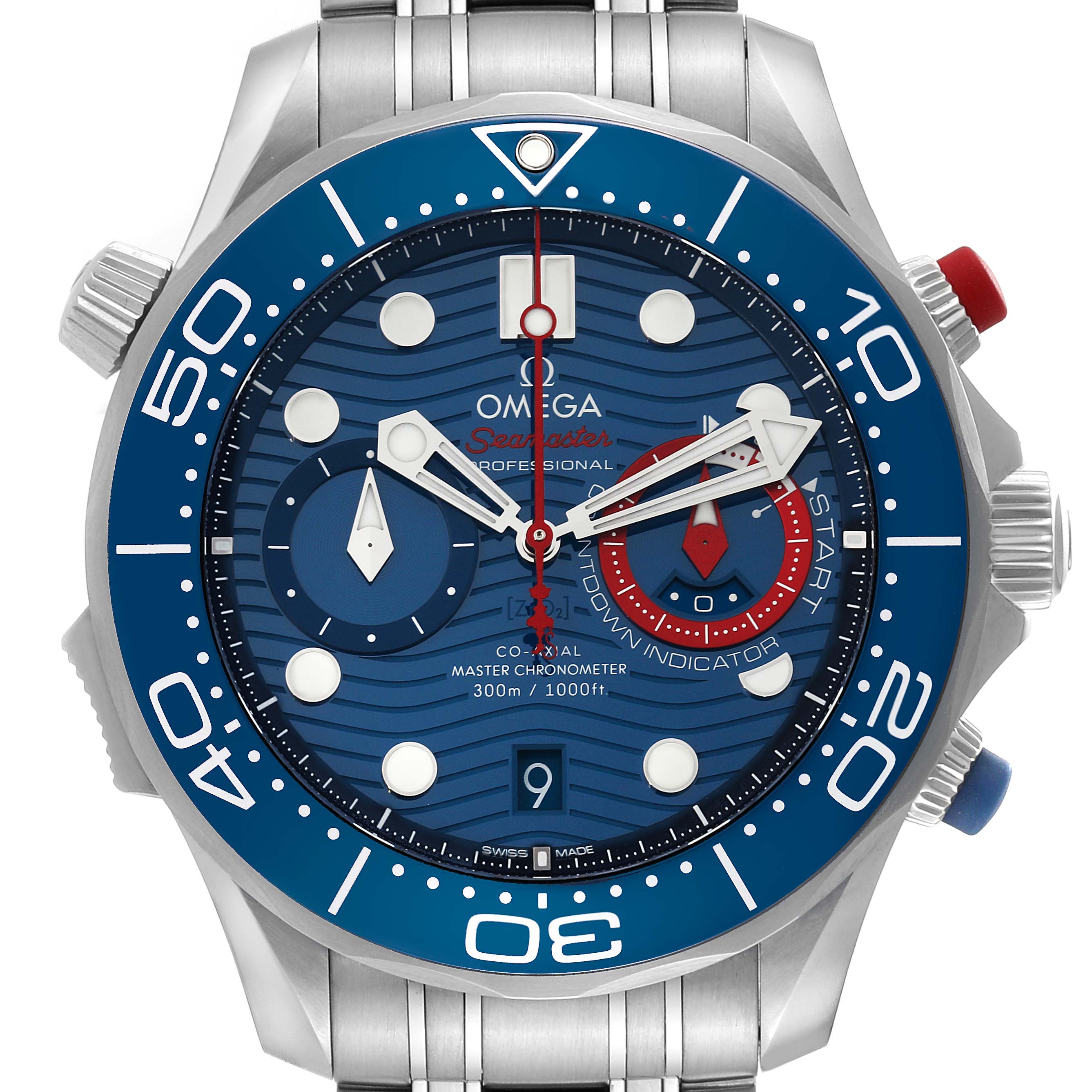 This image shows a front view of the Omega Seamaster 63377 Men
s Stainless Steel Blue Dial 63377 Men
s Stainless Steel Blue Dial watch, highlighting its dial, bezel, crown, and buttons.
