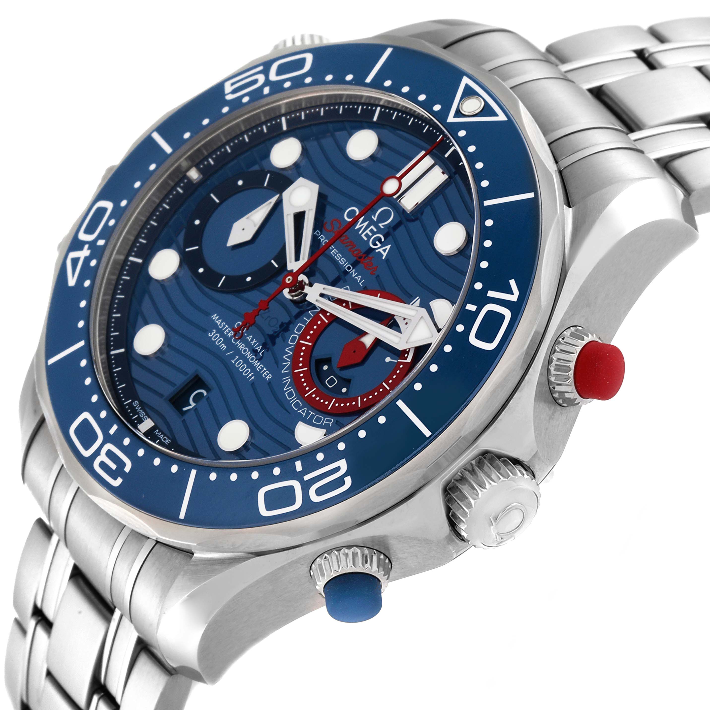 A slight side angle of the Omega Seamaster 63377 Men
s Stainless Steel Blue Dial 63377 Men
s Stainless Steel Blue Dial watch shows its face, blue bezel, and metallic bracelet.