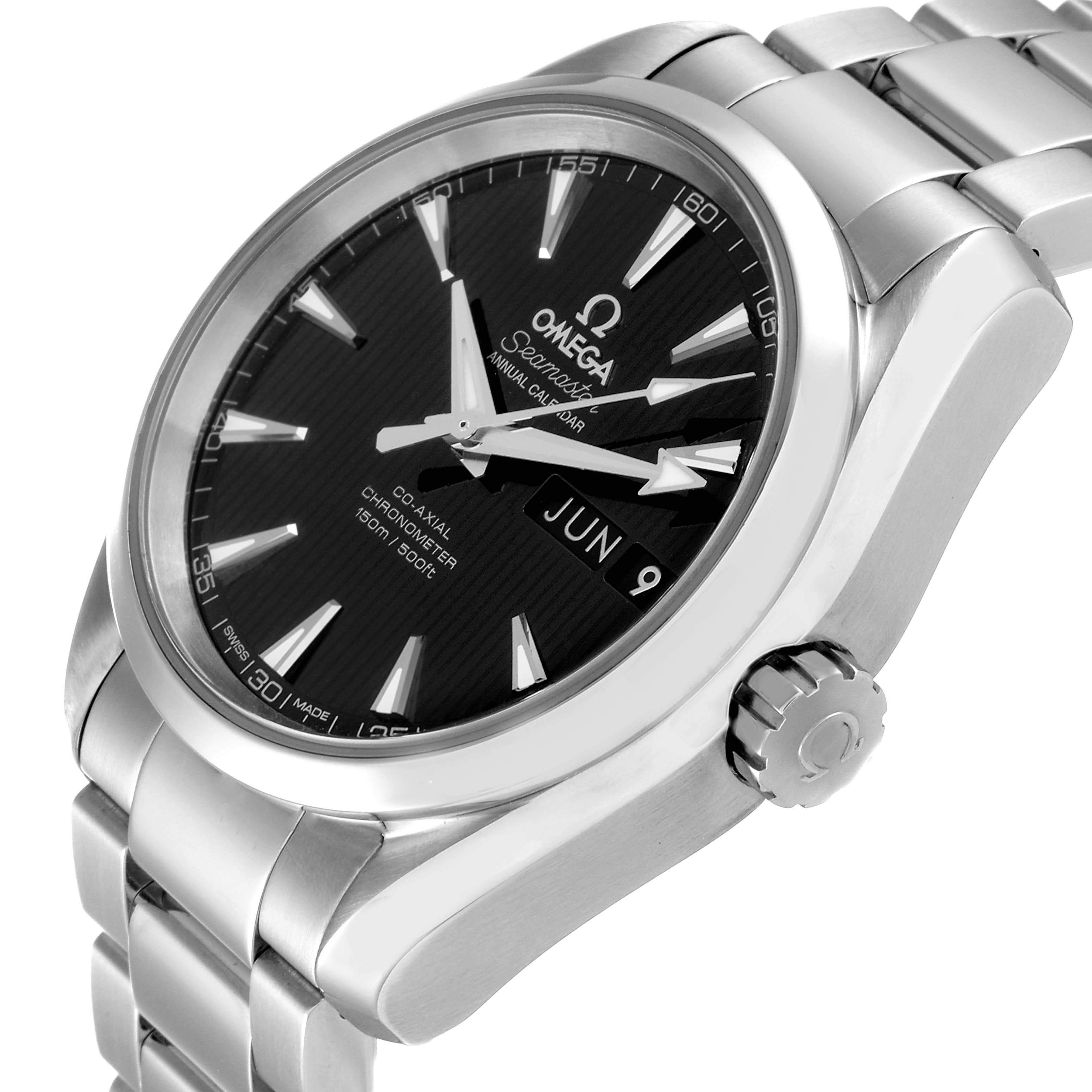 The image shows an Omega Aqua Terra 231.10.39.22.01.001 Men's Stainless Steel Black Dial 231.10.39.22.01.001 Men's Stainless Steel Black Dial watch at an angle highlighting the face, crown, and part of the bracelet.