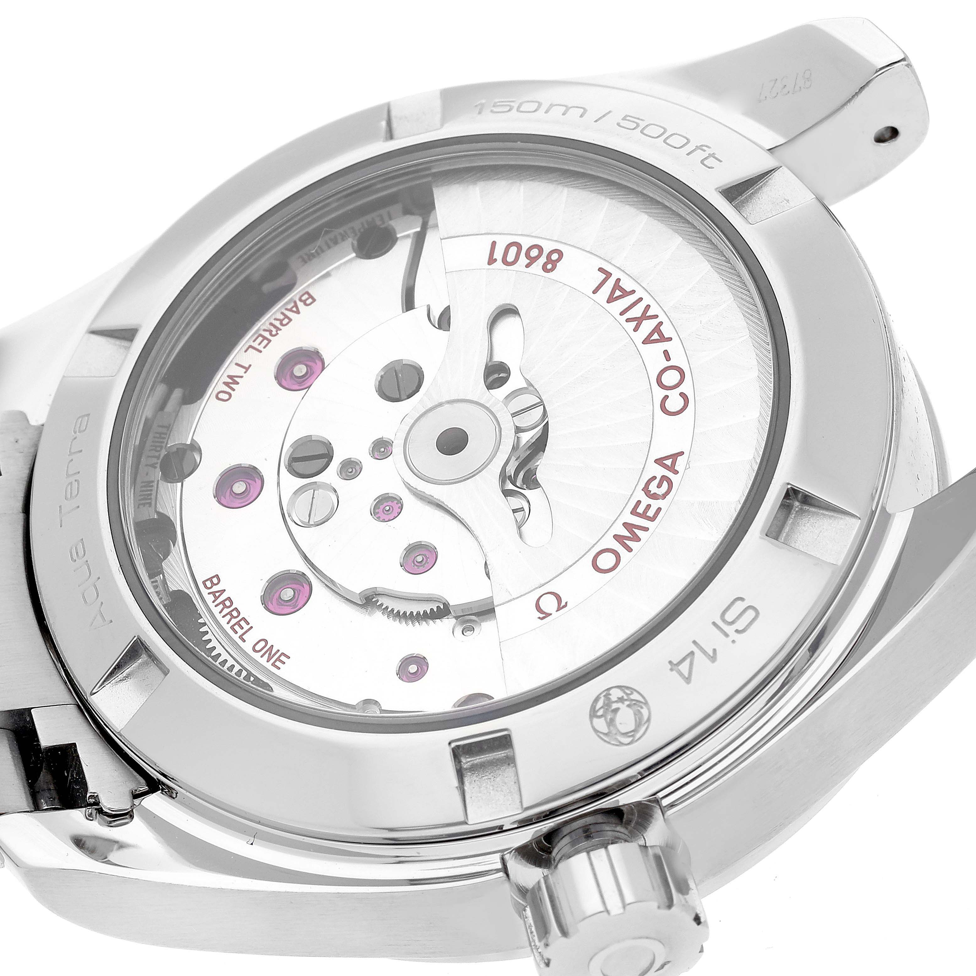 The image shows the back view of the Omega Aqua Terra 231.10.39.22.01.001 Men's Stainless Steel Black Dial 231.10.39.22.01.001 Men's Stainless Steel Black Dial model, highlighting its mechanical movement and case details.