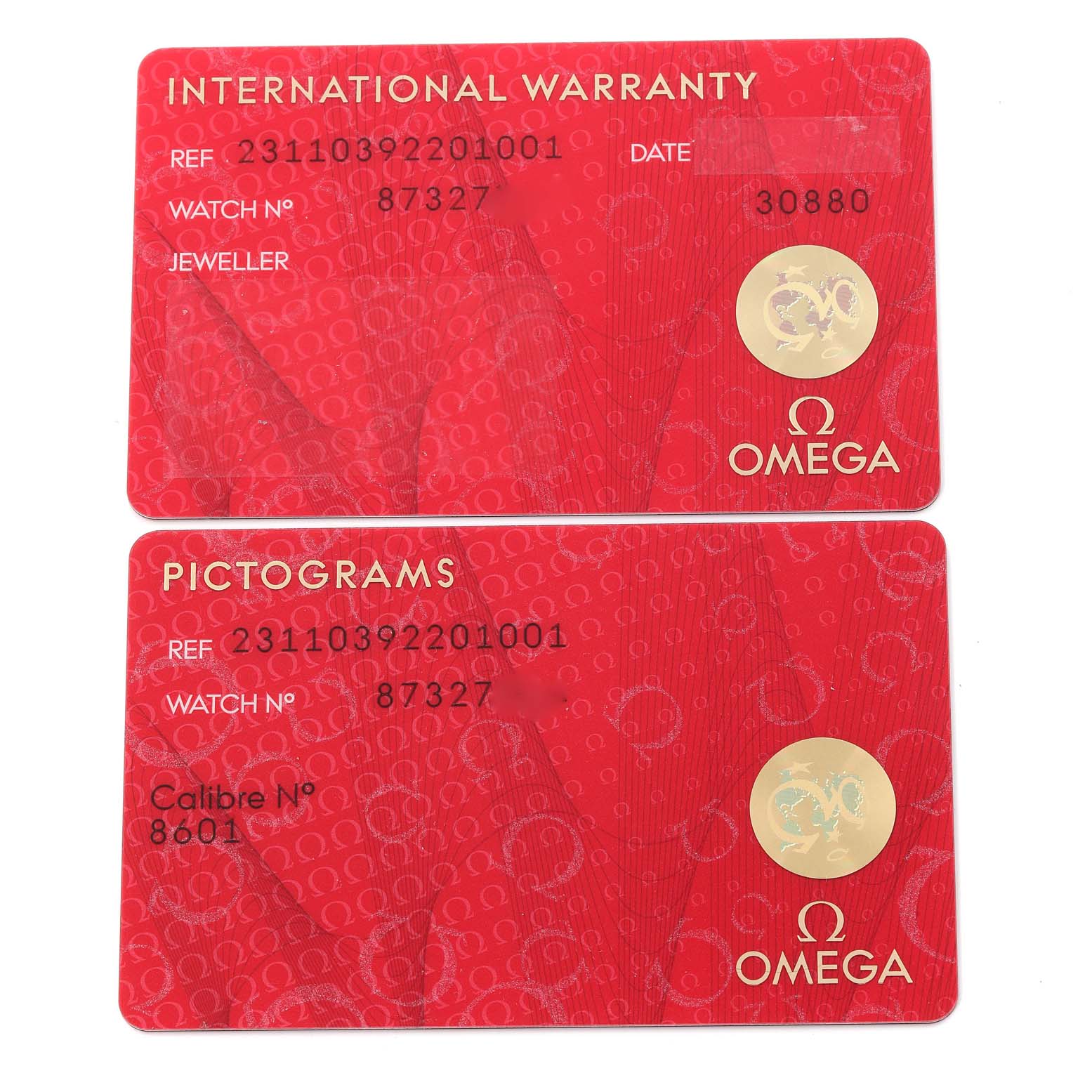 The image shows the International Warranty and Pictograms cards for the Omega Aqua Terra 231.10.39.22.01.001 Men's Stainless Steel Black Dial 231.10.39.22.01.001 Men's Stainless Steel Black Dial model.