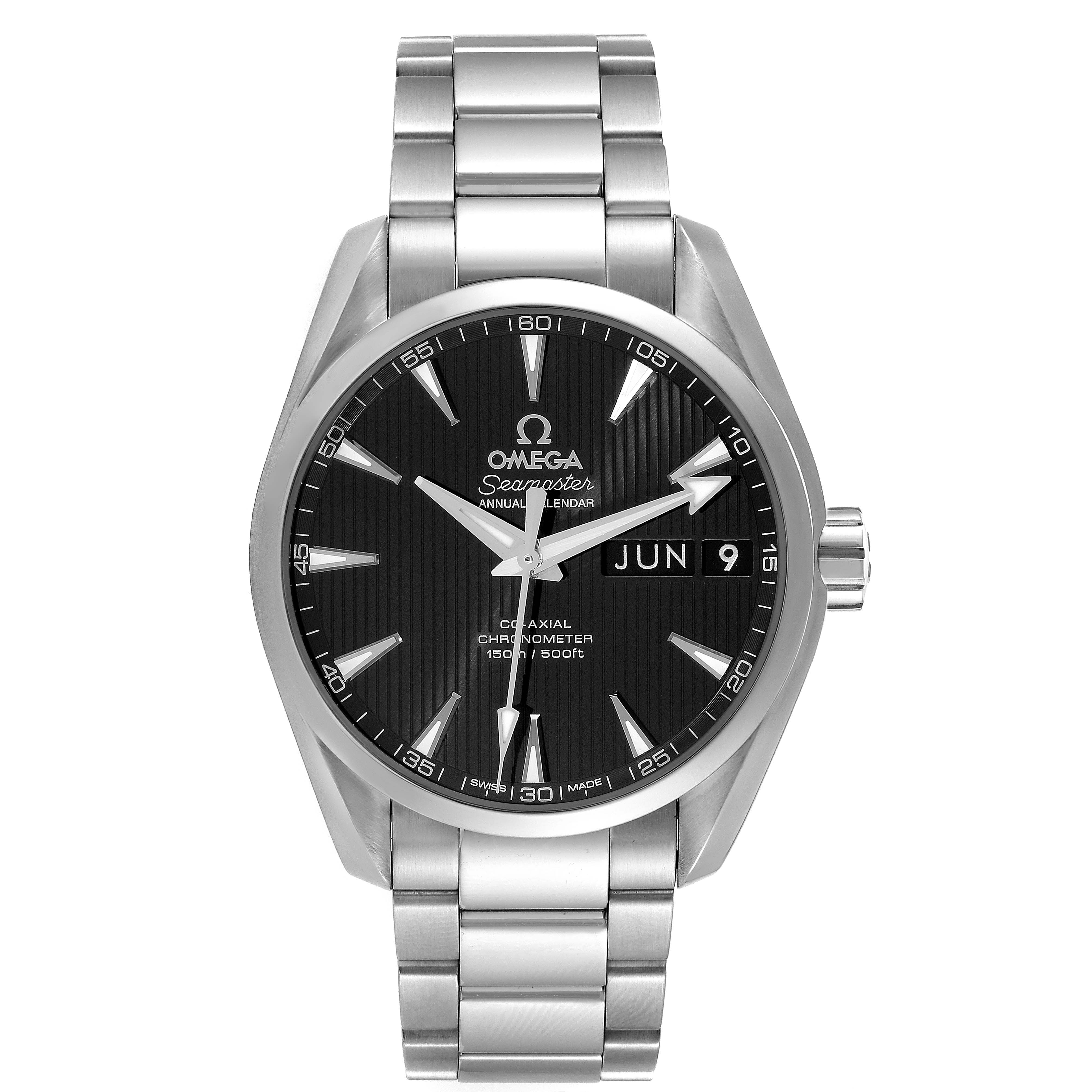 The image shows a front view of the Omega Aqua Terra 231.10.39.22.01.001 Men's Stainless Steel Black Dial 231.10.39.22.01.001 Men's Stainless Steel Black Dial model watch, displaying the face, case, bracelet, and crown.