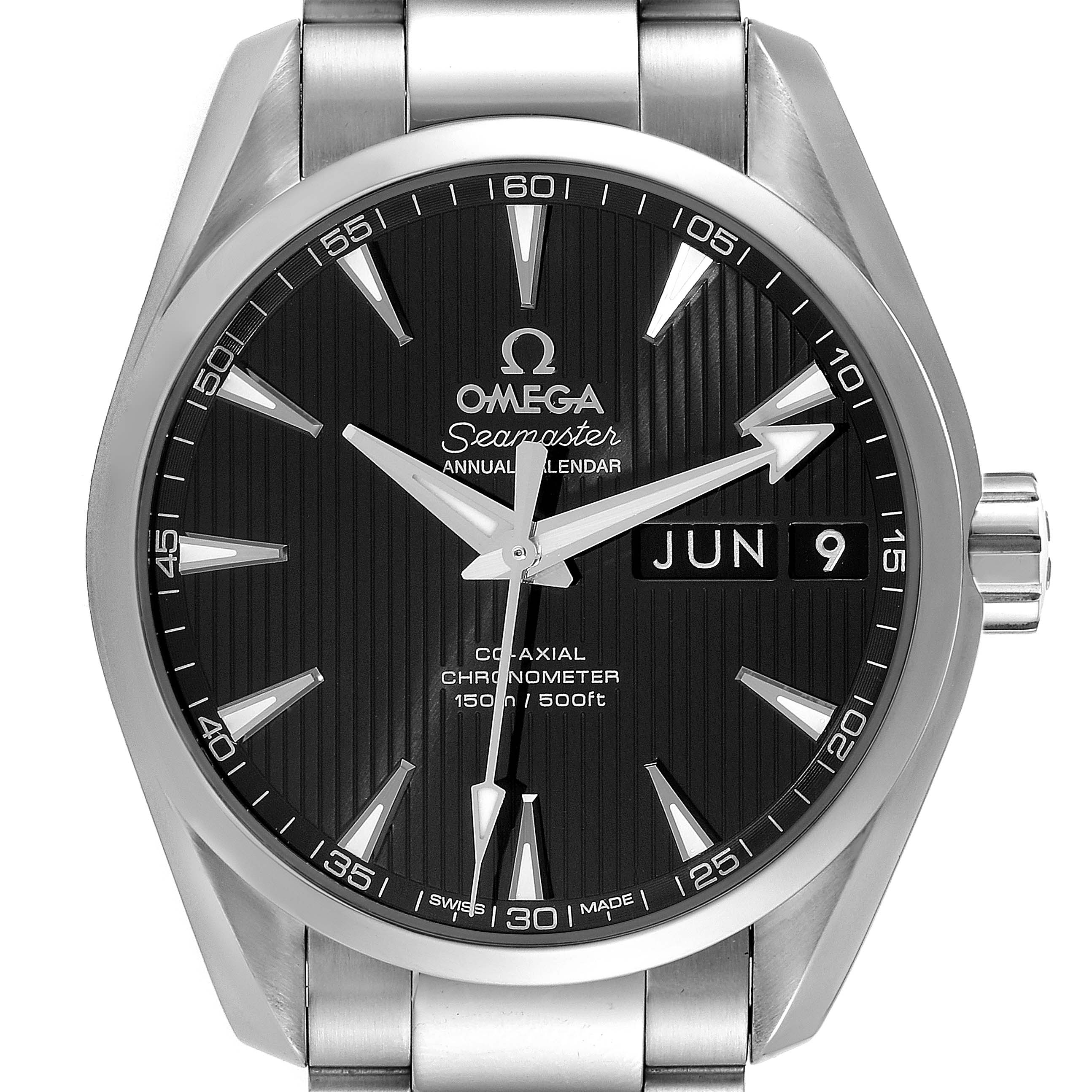 The Omega Aqua Terra 231.10.39.22.01.001 Men's Stainless Steel Black Dial 231.10.39.22.01.001 Men's Stainless Steel Black Dial watch is shown from the front, displaying its face, hands, date window, and part of the bracelet.