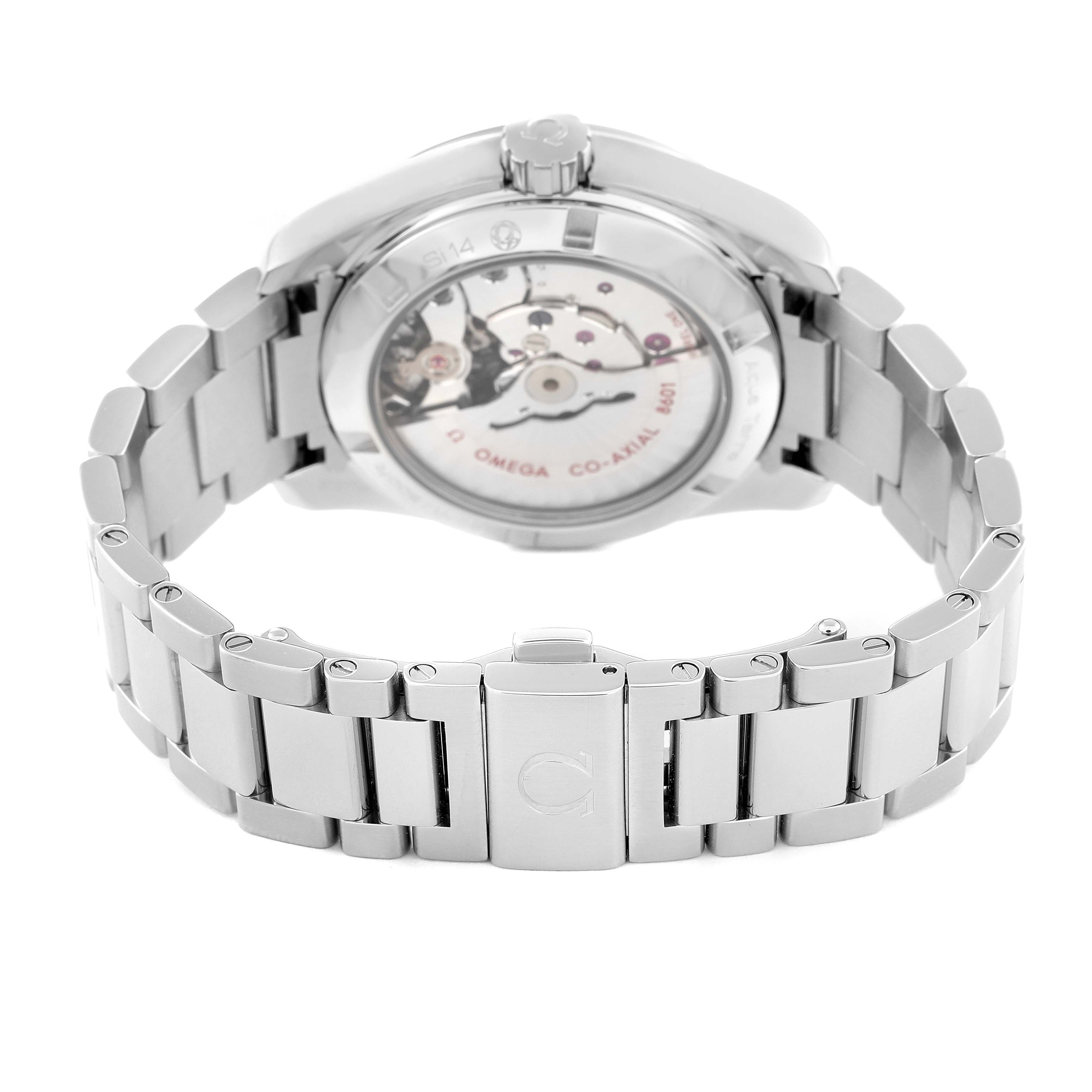 The image shows the back view of the Omega Aqua Terra 231.10.39.22.01.001 Men's Stainless Steel Black Dial 231.10.39.22.01.001 Men's Stainless Steel Black Dial watch, highlighting the movement through the transparent case back and the metal bracelet.