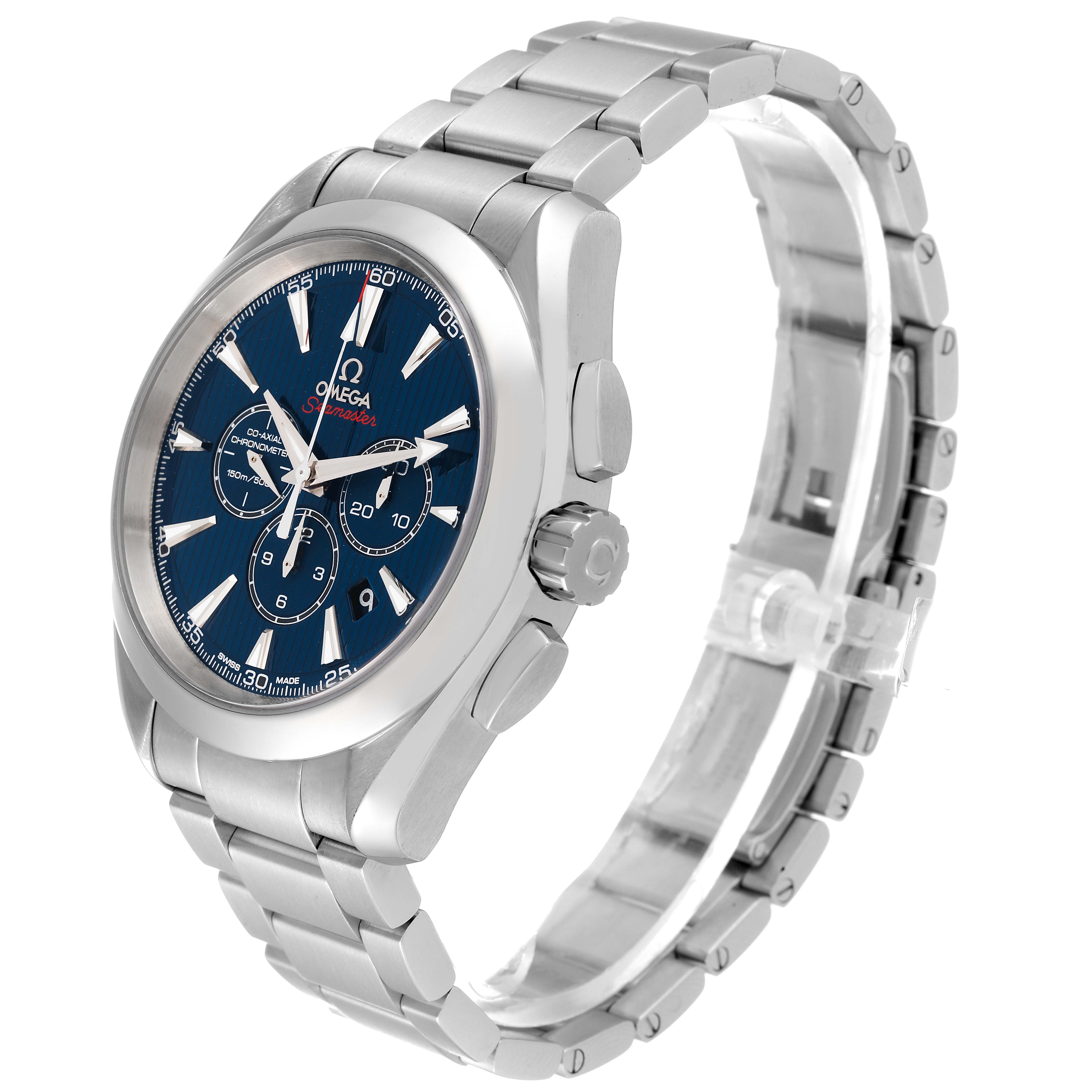 The Omega Aqua Terra 522.10.44.50.03.001 Men's Stainless Steel Blue Dial 522.10.44.50.03.001 Men's Stainless Steel Blue Dial watch is shown at a three-quarter angle, highlighting its blue dial, chronograph subdials, and metal bracelet.
