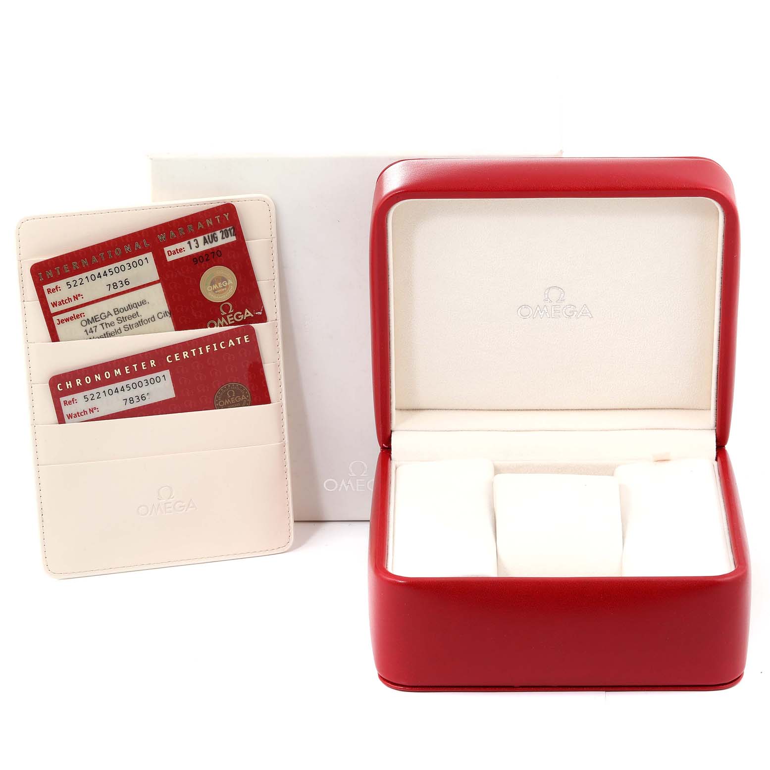 This image shows the opened case, cardholder with warranty and chronometer certificate for the Omega Aqua Terra 522.10.44.50.03.001 Men's Stainless Steel Blue Dial 522.10.44.50.03.001 Men's Stainless Steel Blue Dial watch.