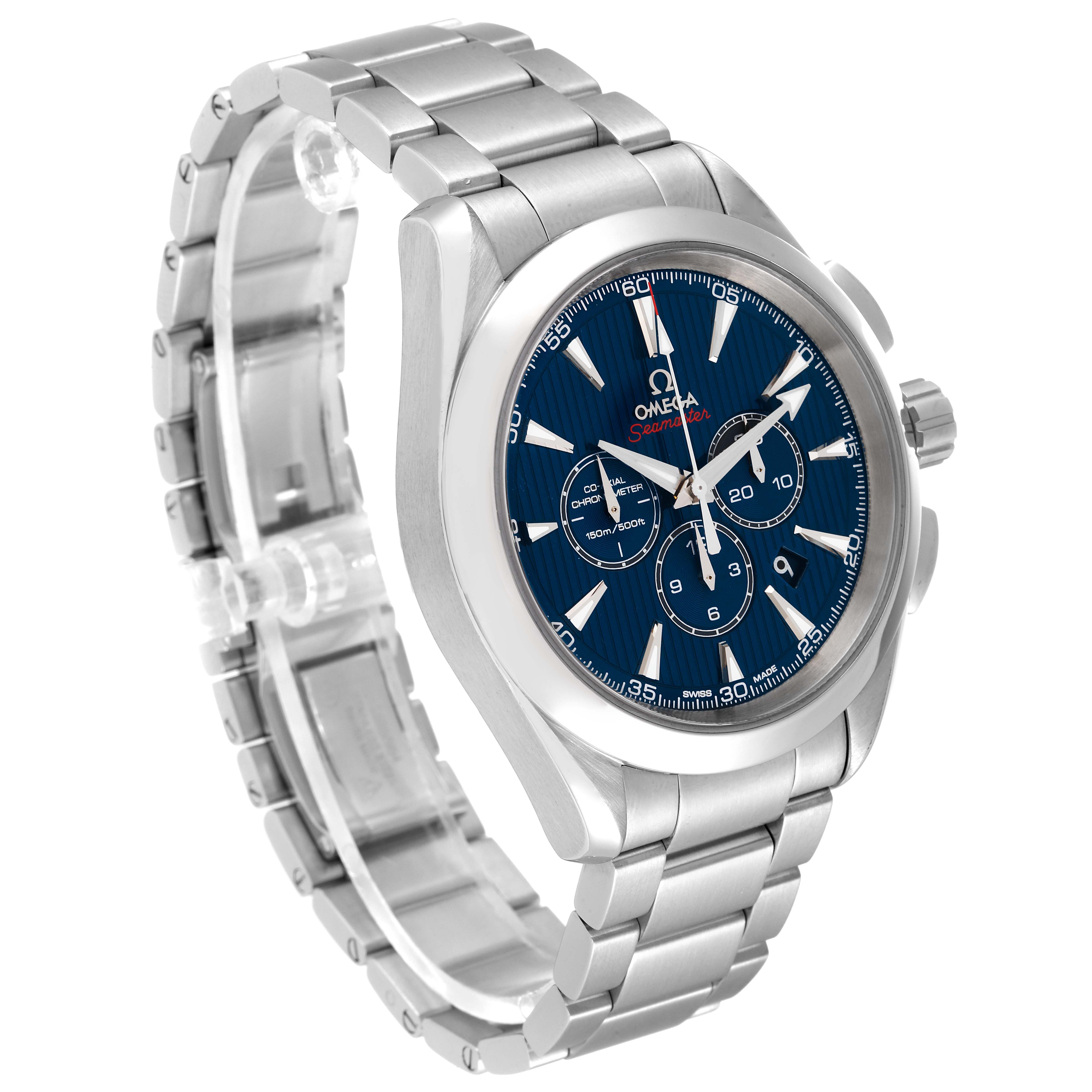 The image shows the Omega Aqua Terra 522.10.44.50.03.001 Men's Stainless Steel Blue Dial 522.10.44.50.03.001 Men's Stainless Steel Blue Dial watch from an angled front view, highlighting the face, bezel, and bracelet.