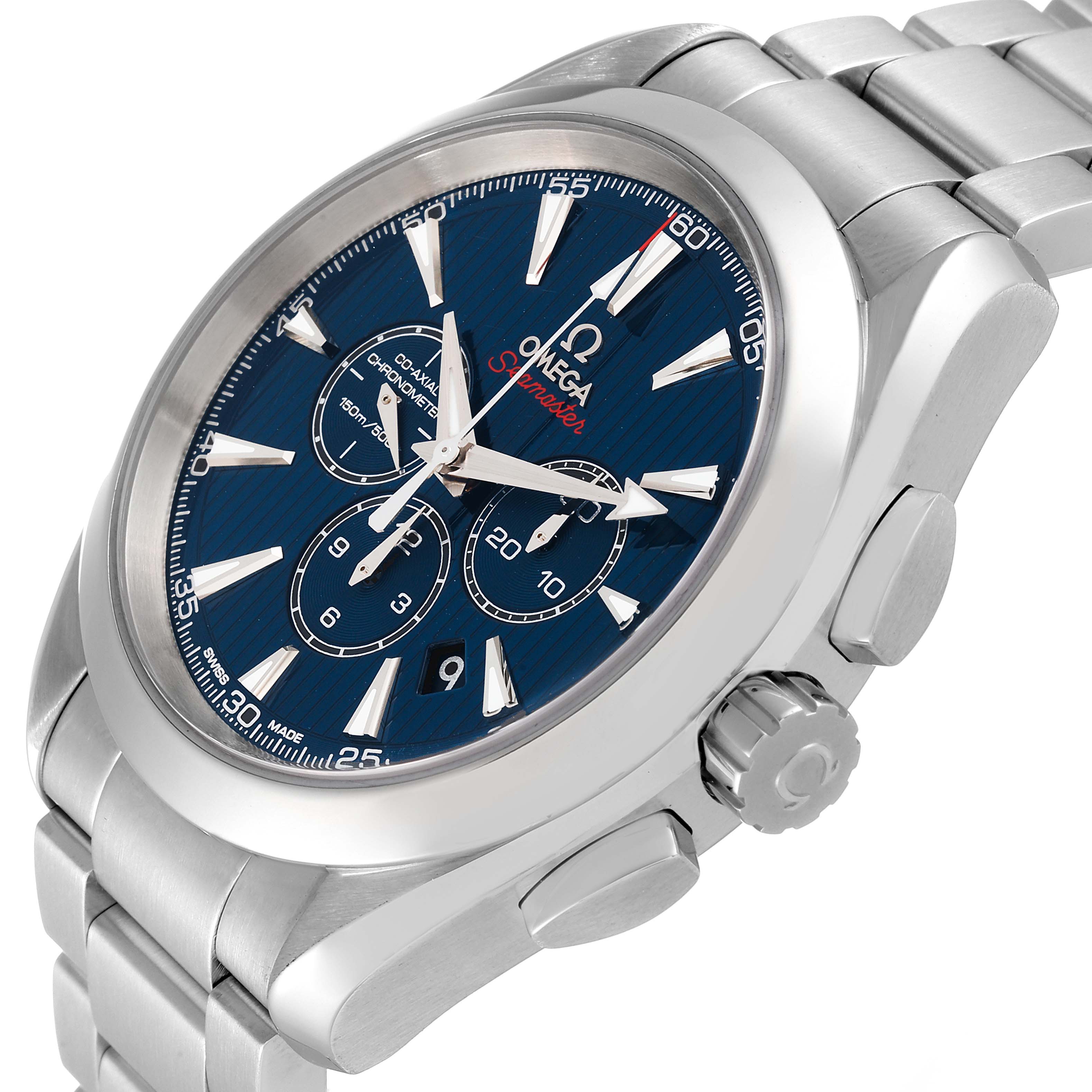 This image shows an angled view of the Omega Aqua Terra 522.10.44.50.03.001 Men's Stainless Steel Blue Dial 522.10.44.50.03.001 Men's Stainless Steel Blue Dial watch displaying its dial, crown, and pushers.