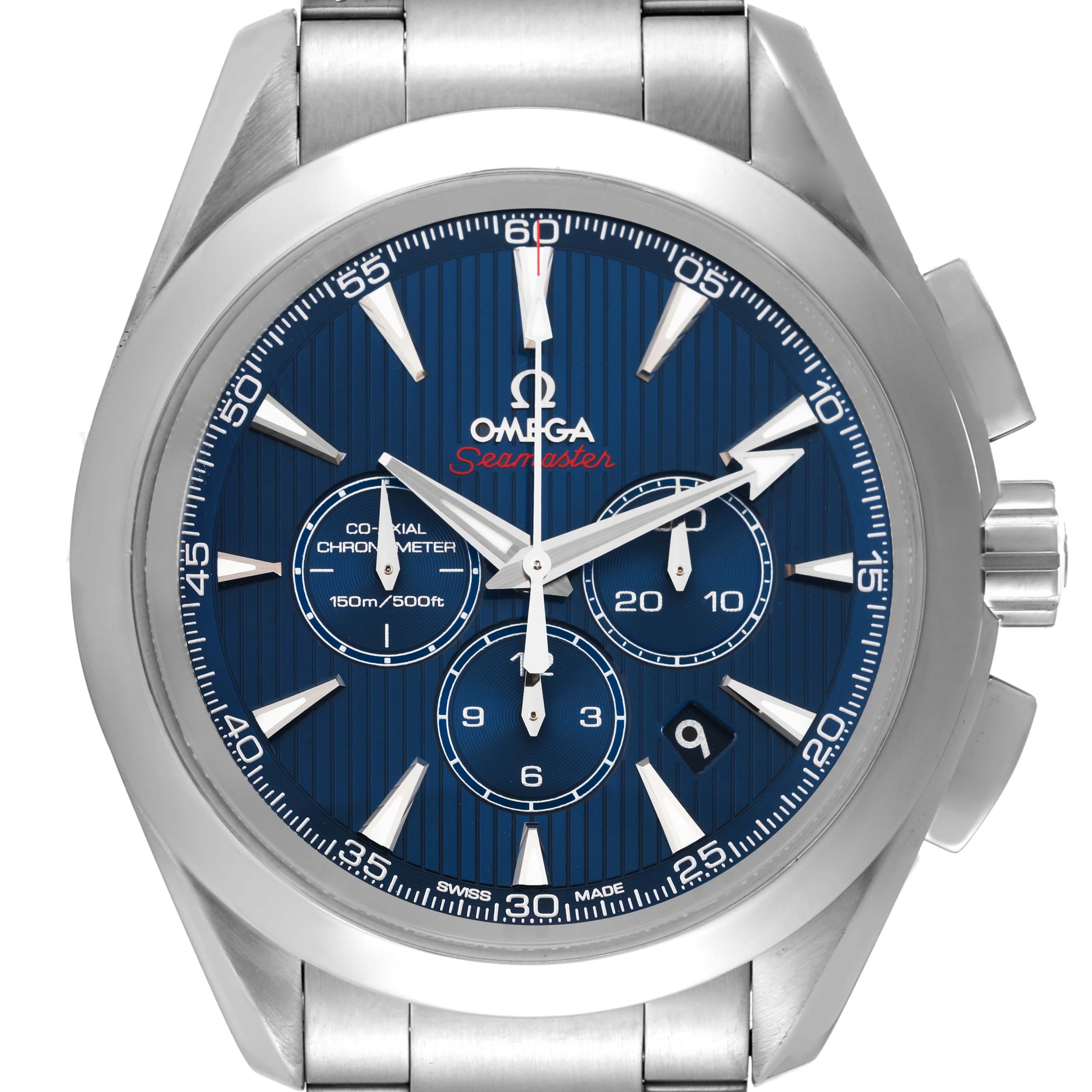 Front view of the Omega Aqua Terra 522.10.44.50.03.001 Men's Stainless Steel Blue Dial 522.10.44.50.03.001 Men's Stainless Steel Blue Dial model, showcasing the blue dial, chronograph features, and stainless steel bracelet.