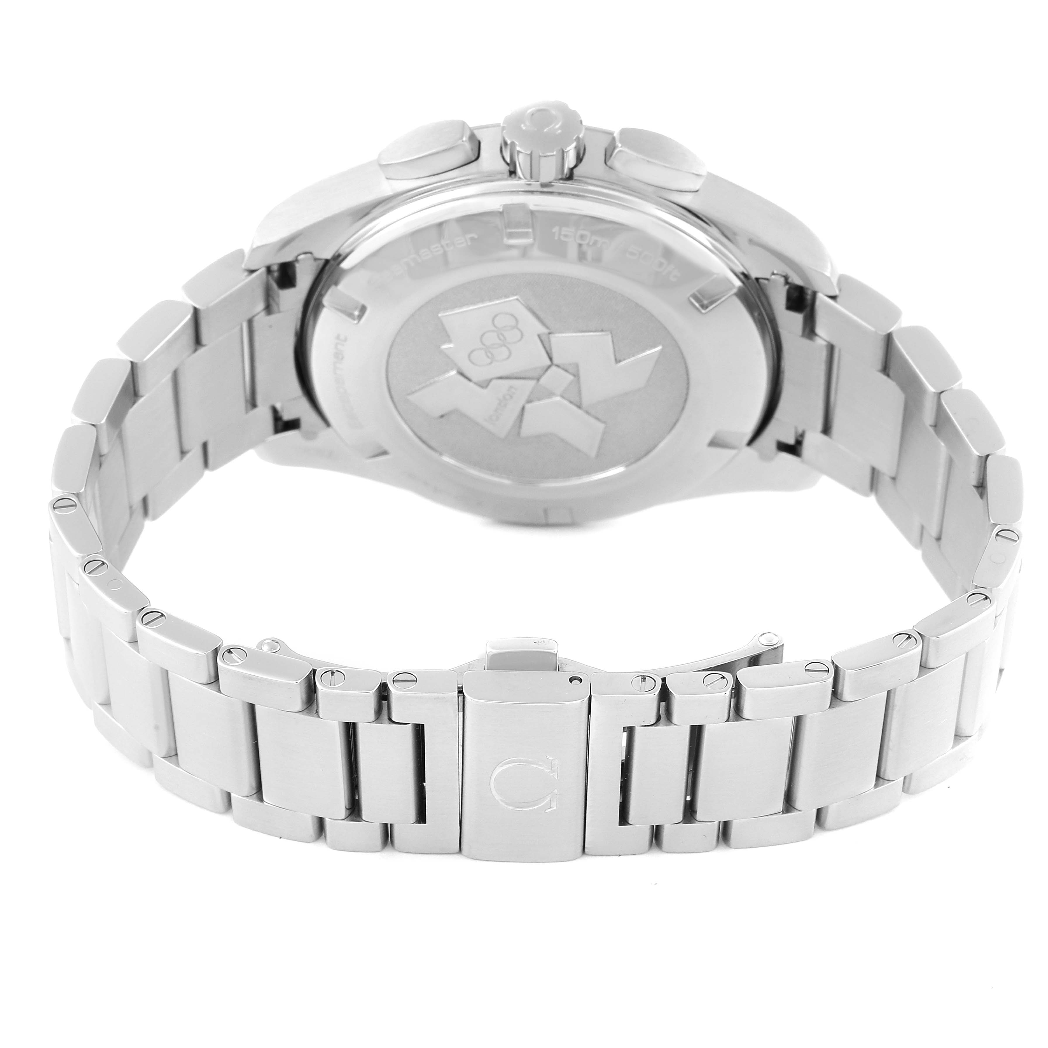 This image shows the back view of the Omega Aqua Terra 522.10.44.50.03.001 Men's Stainless Steel Blue Dial 522.10.44.50.03.001 Men's Stainless Steel Blue Dial watch, focusing on the case back and metal bracelet.