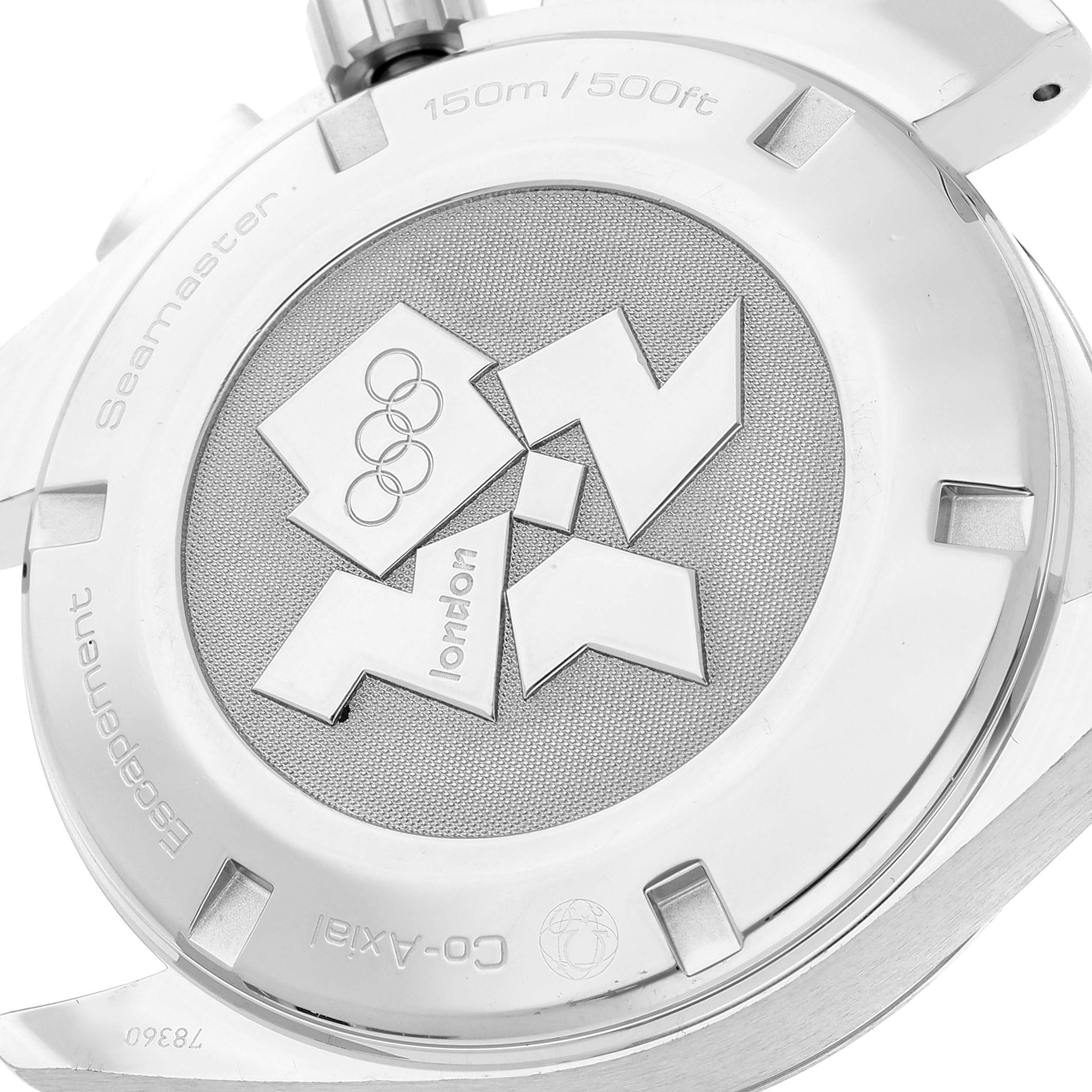 This image shows the back case of the Omega Aqua Terra 522.10.44.50.03.001 Men's Stainless Steel Blue Dial 522.10.44.50.03.001 Men's Stainless Steel Blue Dial watch, highlighting its engravings and design.