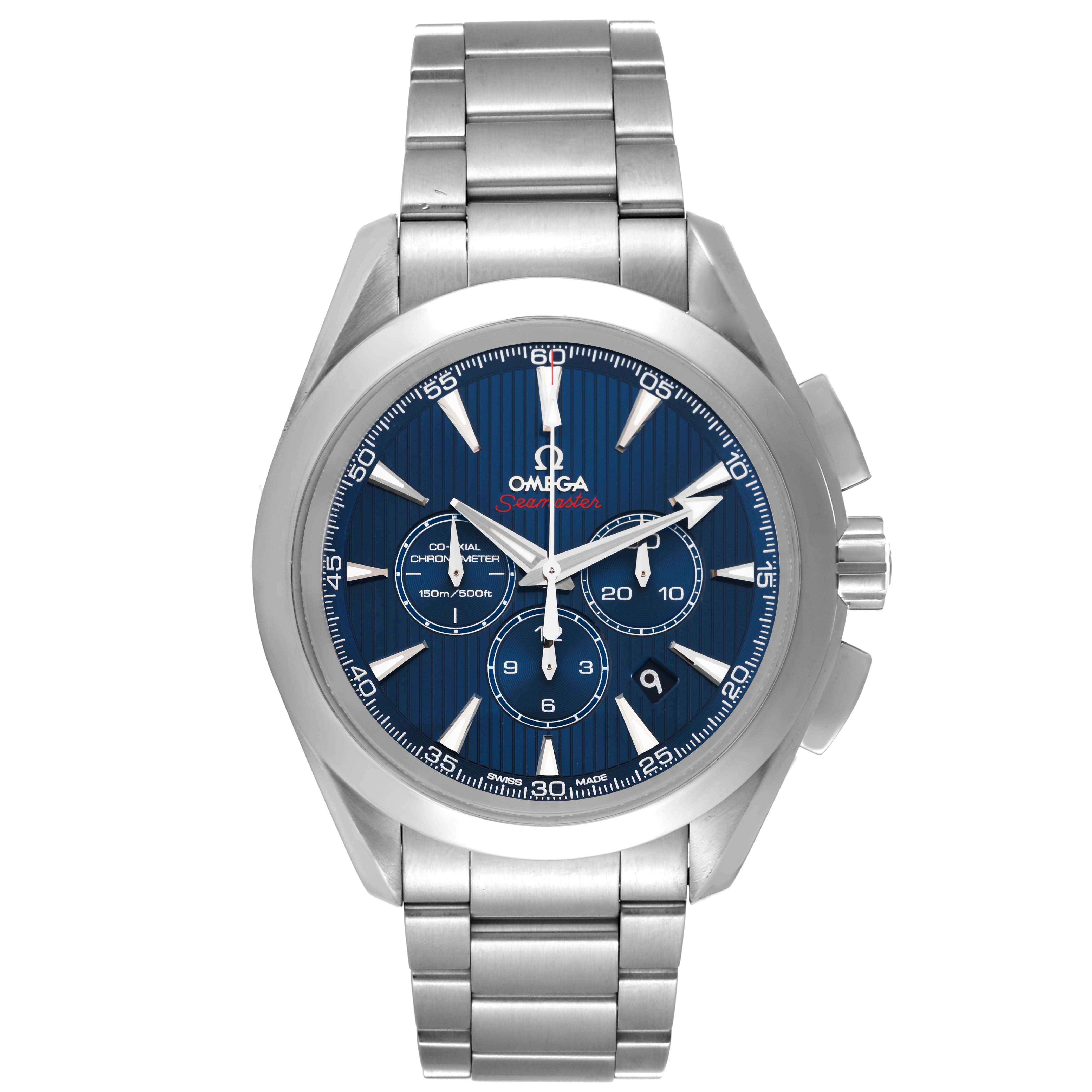 The Omega Aqua Terra 522.10.44.50.03.001 Men's Stainless Steel Blue Dial 522.10.44.50.03.001 Men's Stainless Steel Blue Dial watch is shown from a top view, featuring the face, dial, bezel, buttons, and metal bracelet.