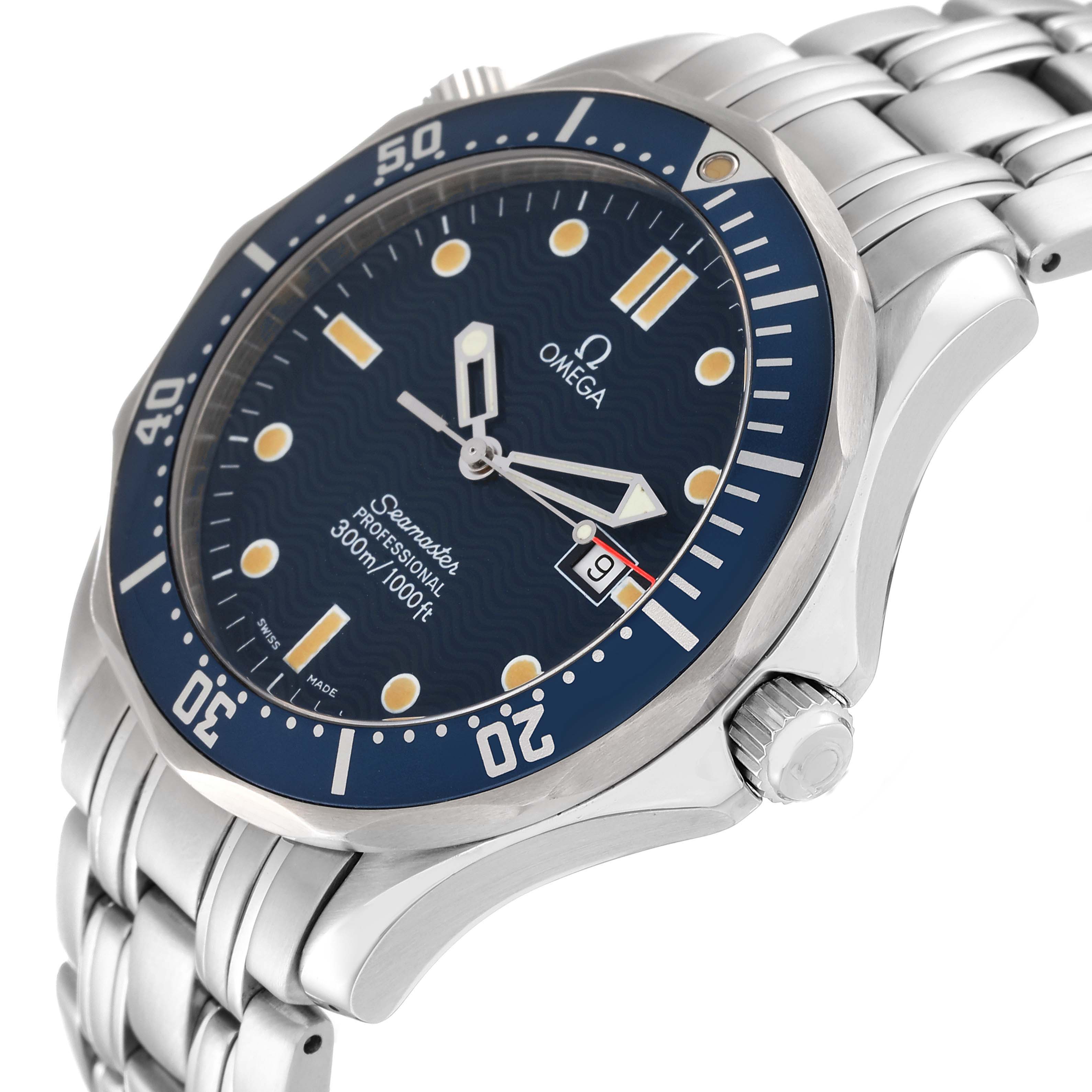 The Omega Seamaster 2541.80.00 Men's Stainless Steel Blue Dial 2541.80.00 Men's Stainless Steel Blue Dial watch is shown at an angled side view, highlighting the face, bezel, crown, and part of the bracelet.