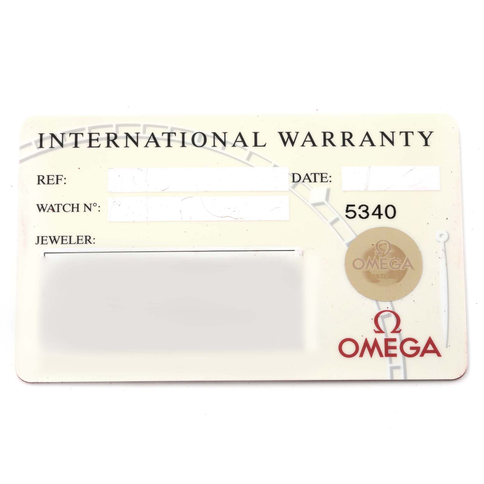 The image shows an International Warranty card for the Omega Seamaster 2541.80.00 Men's Stainless Steel Blue Dial 2541.80.00 Men's Stainless Steel Blue Dial watch model.