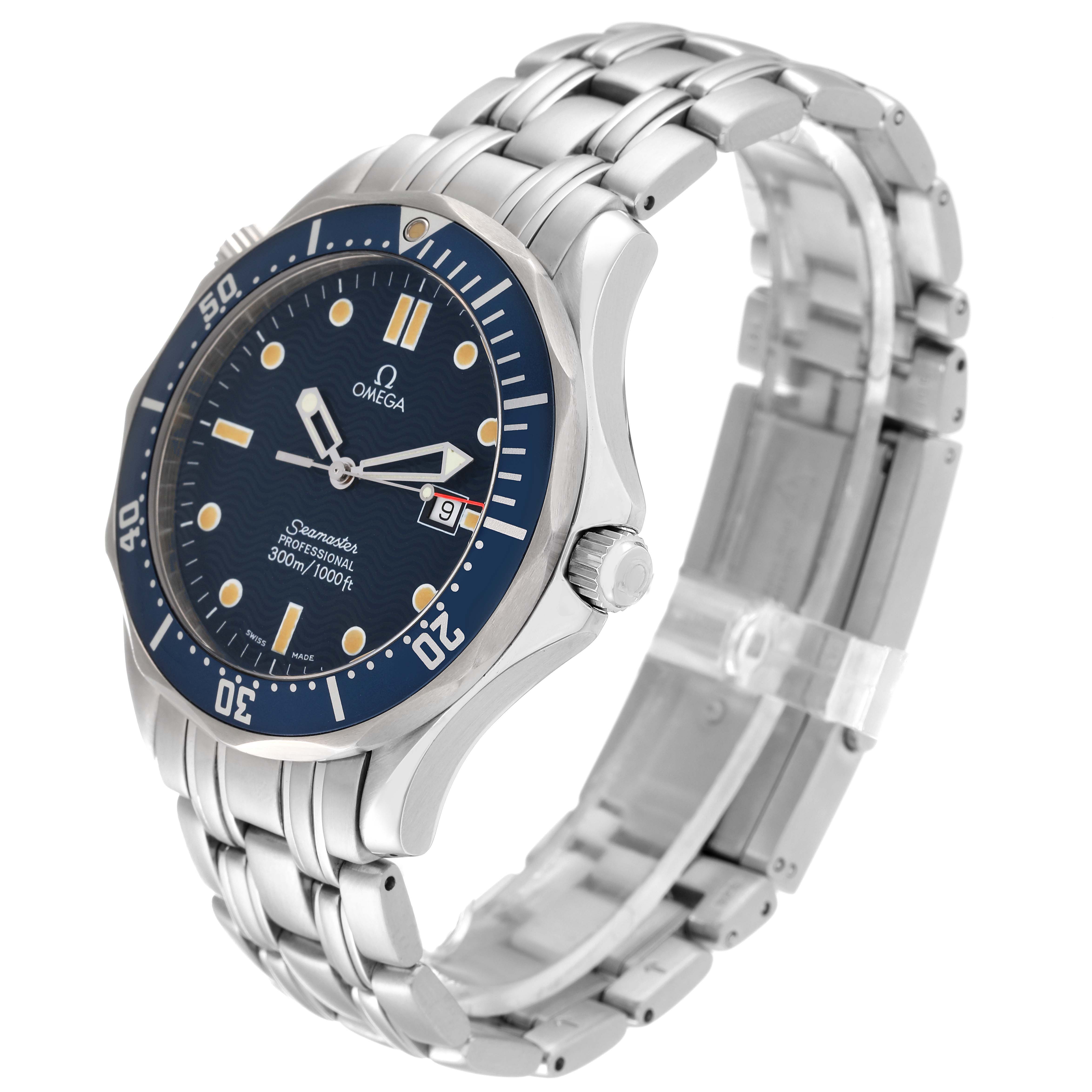 The image shows a side angle of the Omega Seamaster 2541.80.00 Men's Stainless Steel Blue Dial 2541.80.00 Men's Stainless Steel Blue Dial watch, highlighting its face, bezel, crown, and stainless steel bracelet.