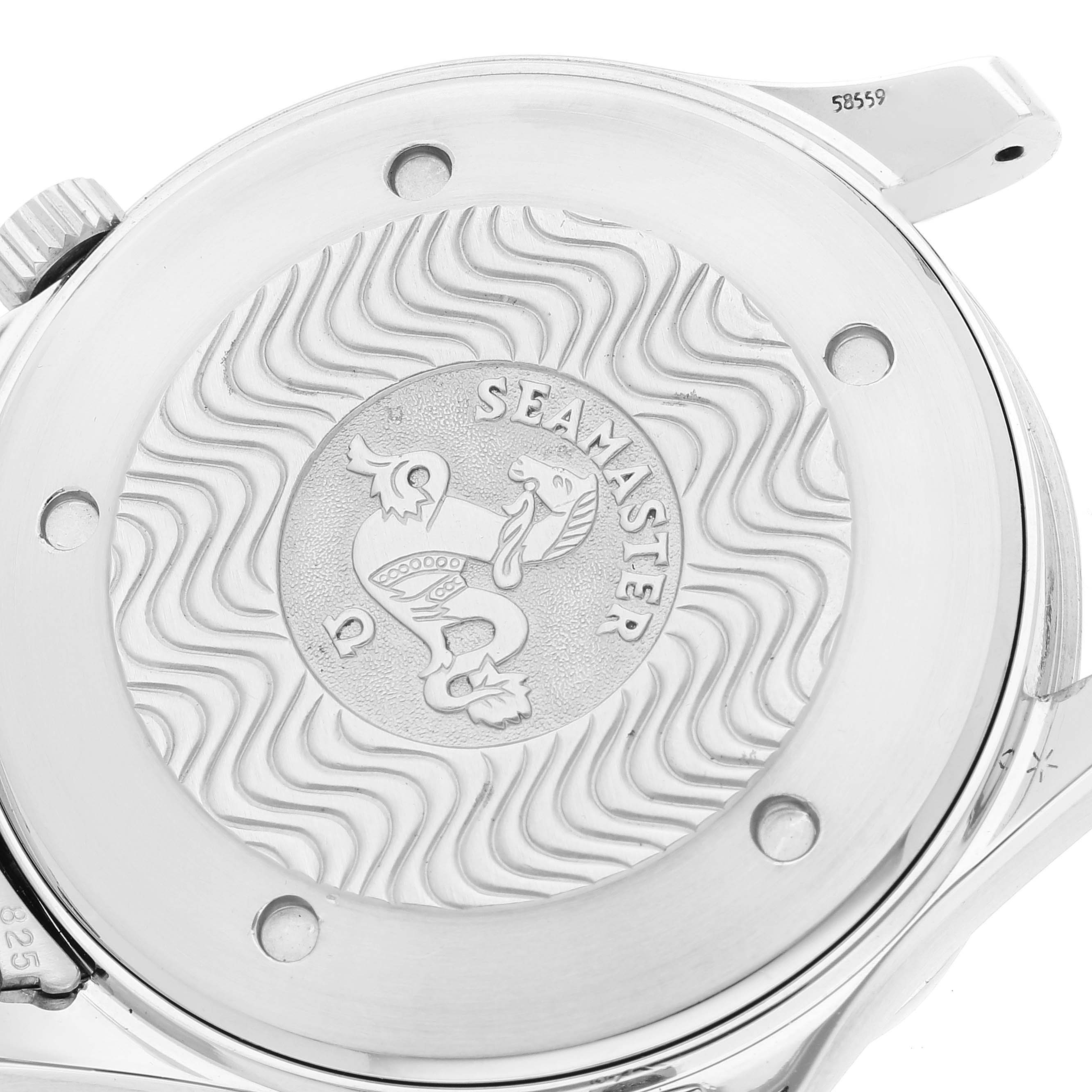 The image shows the back case of the Omega Seamaster 2541.80.00 Men's Stainless Steel Blue Dial 2541.80.00 Men's Stainless Steel Blue Dial watch with its engraved design.