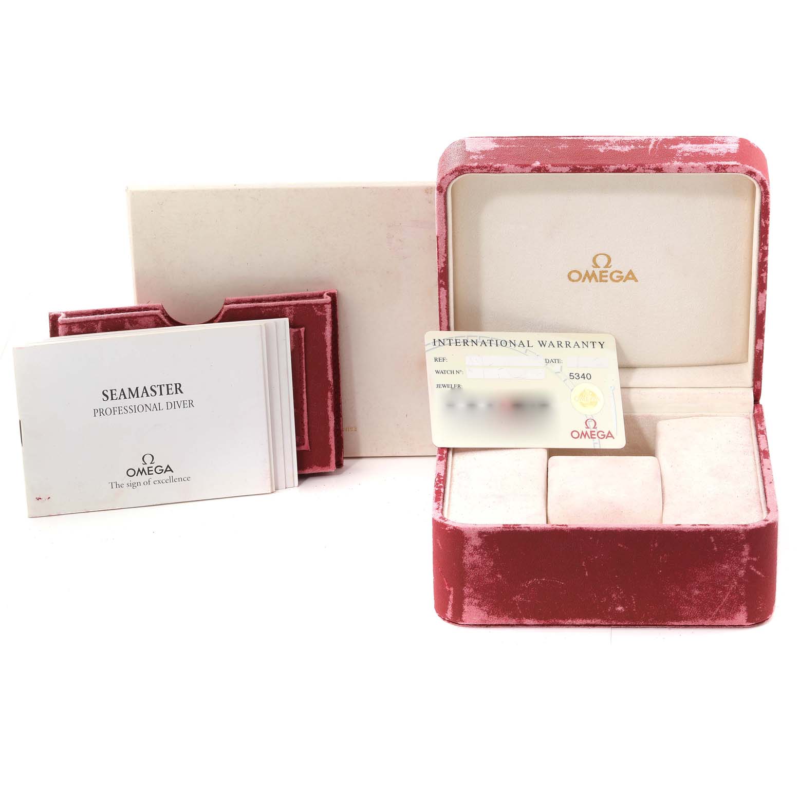 The image shows the Omega Seamaster 2541.80.00 Men's Stainless Steel Blue Dial 2541.80.00 Men's Stainless Steel Blue Dial packaging, including a box, warranty card, and the instruction manual.