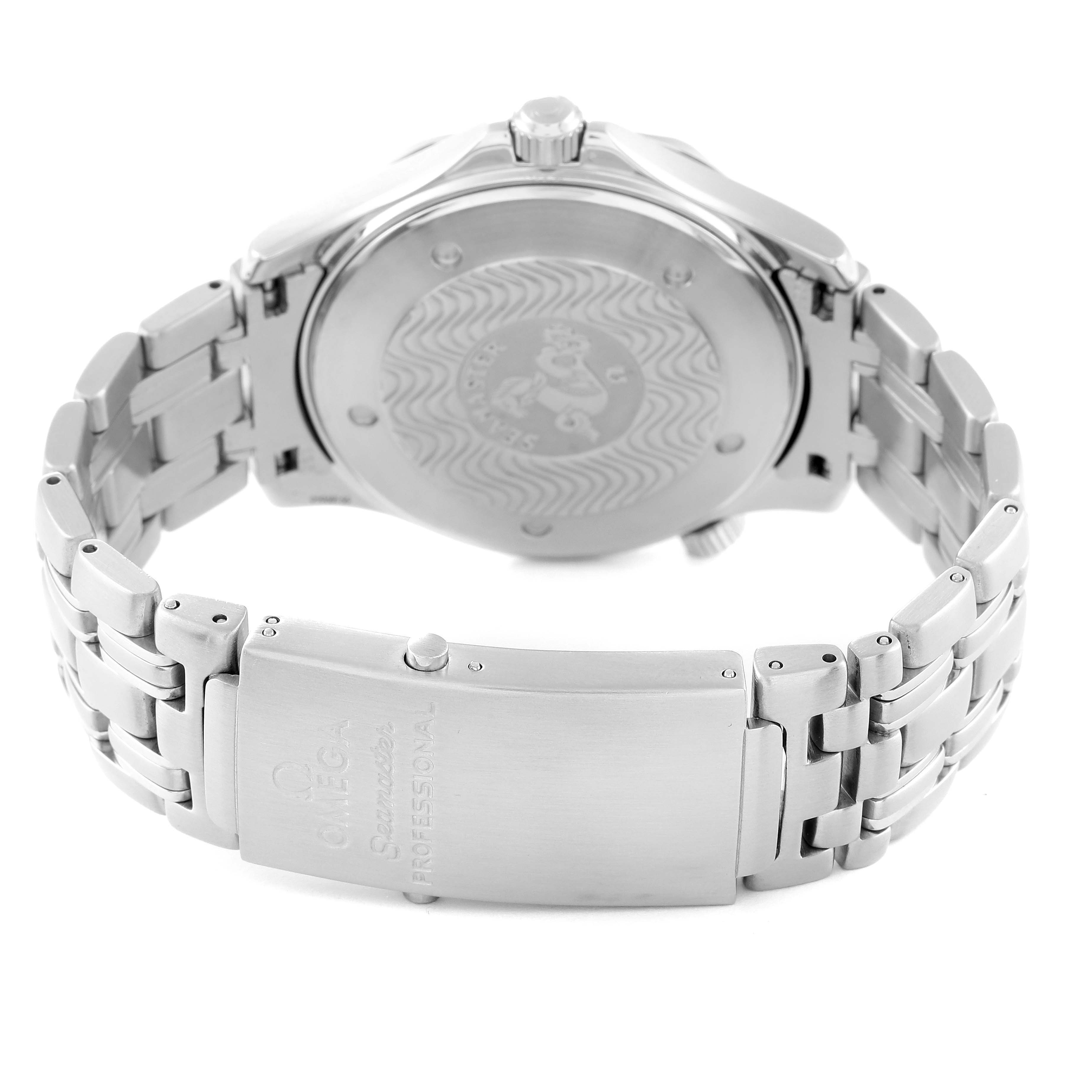 The image shows the back and clasp of an Omega Seamaster 2541.80.00 Men's Stainless Steel Blue Dial 2541.80.00 Men's Stainless Steel Blue Dial watch, highlighting the stainless steel bracelet and case back.