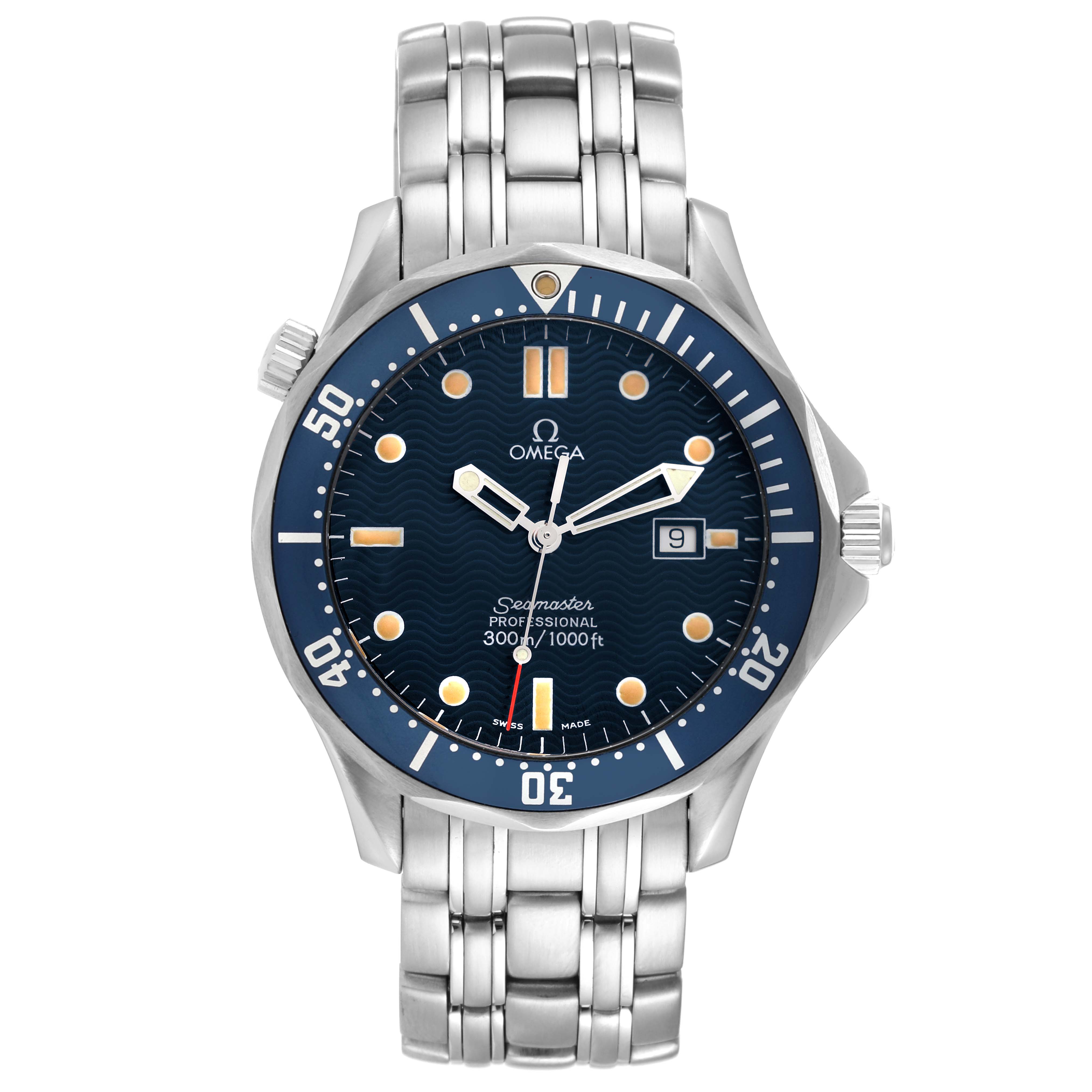 The image shows a front view of the Omega Seamaster 2541.80.00 Men's Stainless Steel Blue Dial 2541.80.00 Men's Stainless Steel Blue Dial watch, displaying the dial, bezel, and bracelet.