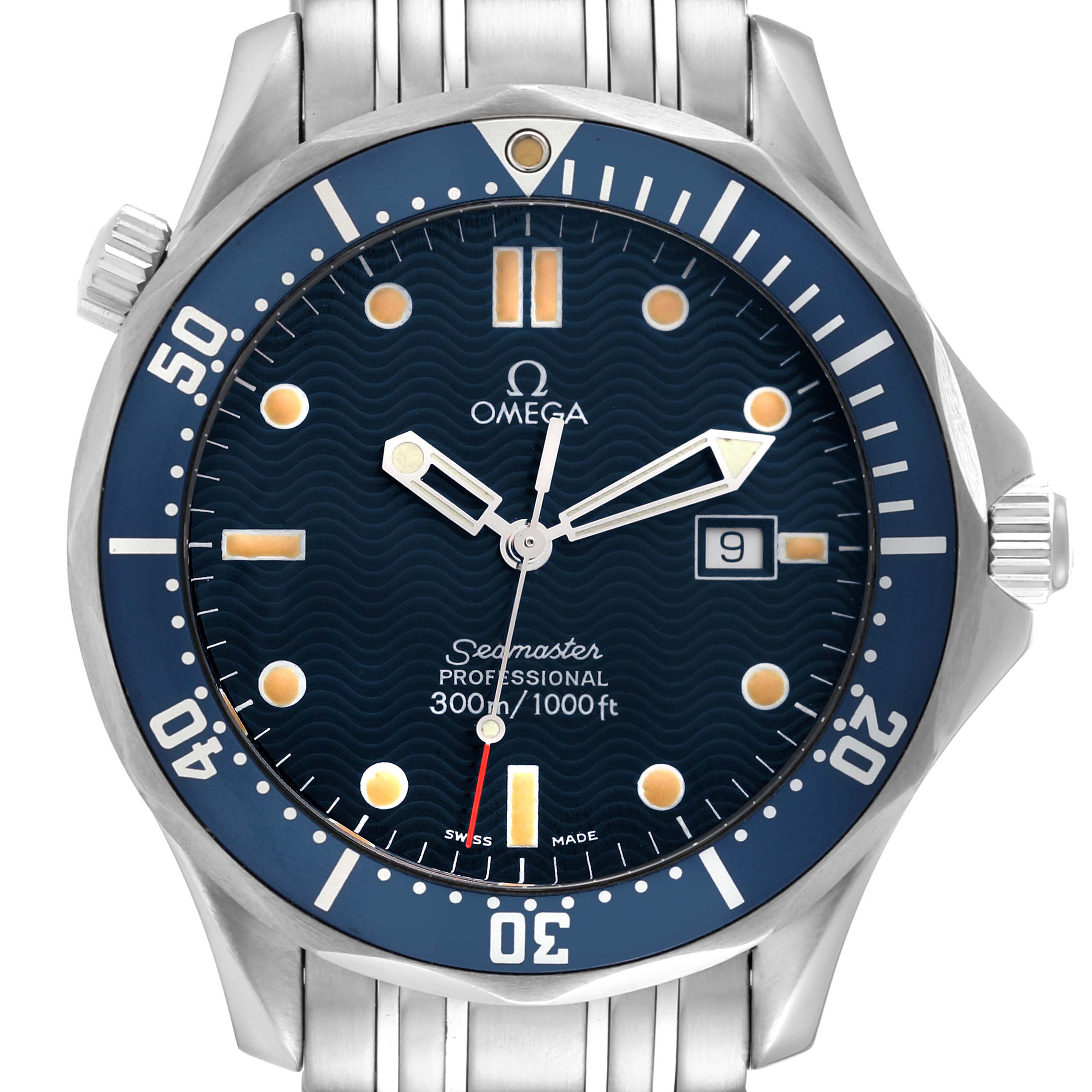 The image shows a frontal view of the Omega Seamaster 2541.80.00 Men's Stainless Steel Blue Dial 2541.80.00 Men's Stainless Steel Blue Dial watch, highlighting its blue dial, hands, markers, bezel, and crown.