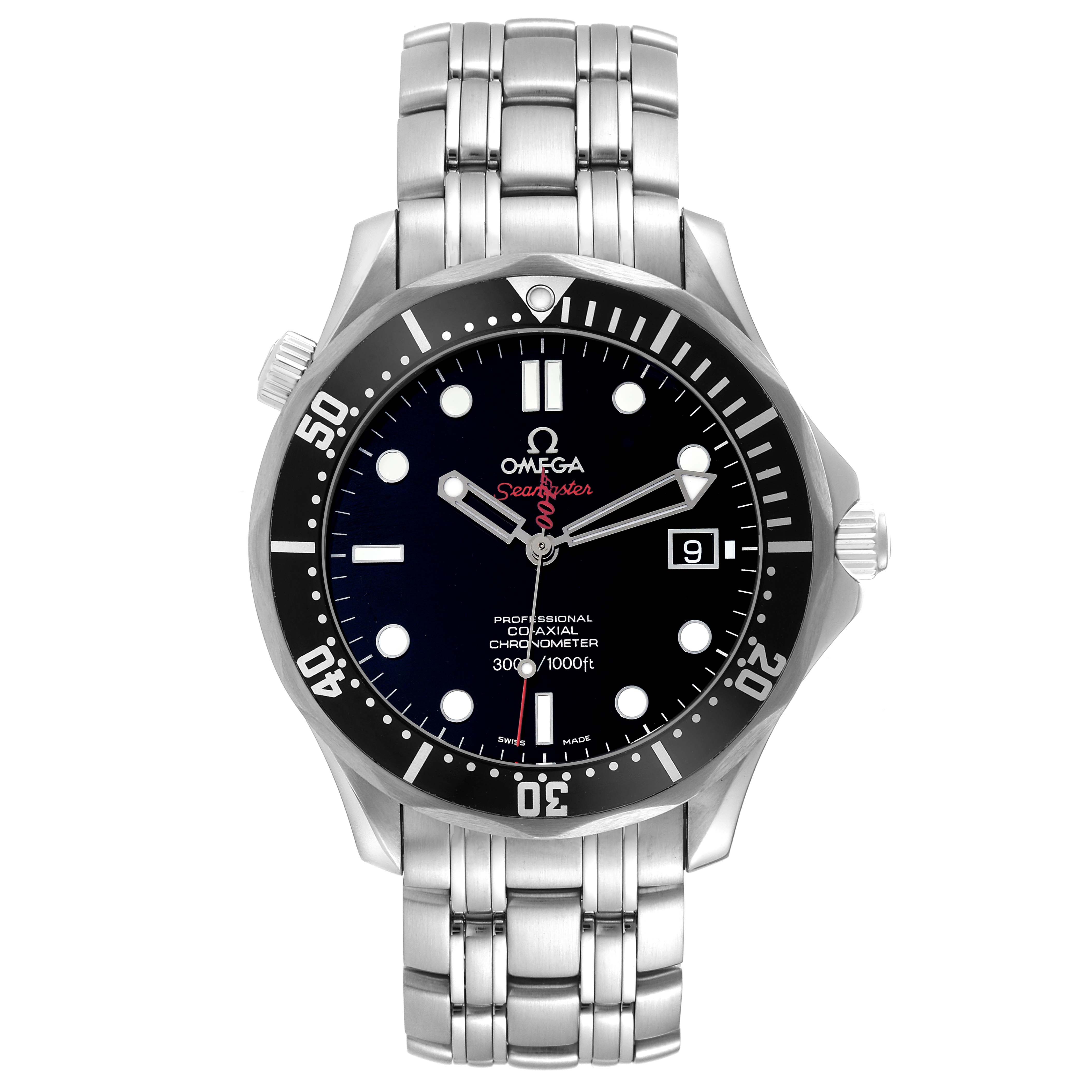 The image shows a full-frontal view of the Omega Seamaster 63141 Men's Stainless Steel Black Dial 63141 Men's Stainless Steel Black Dial watch, highlighting its dial, bezel, bracelet, and clasp.