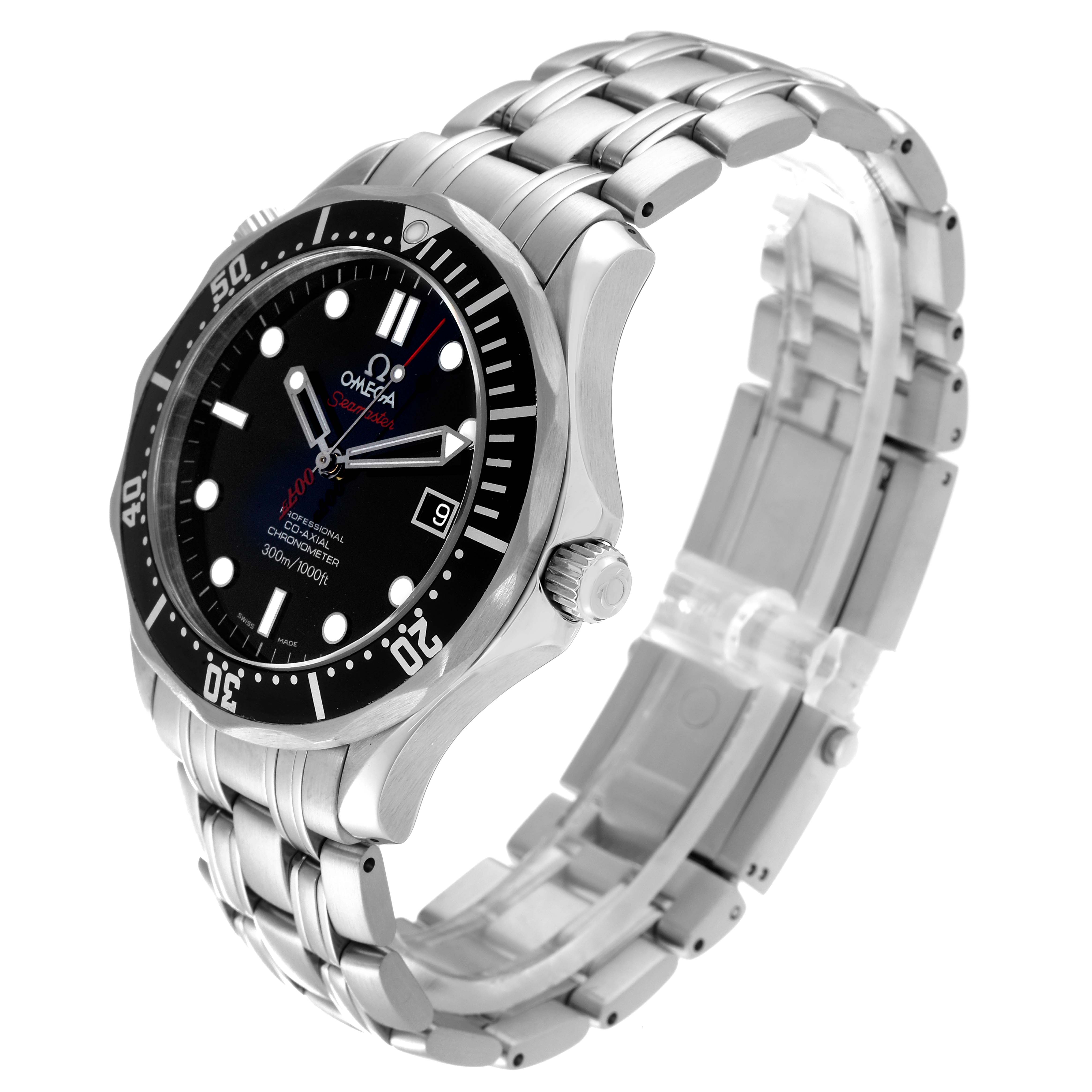 The image shows an Omega Seamaster 63141 Men's Stainless Steel Black Dial 63141 Men's Stainless Steel Black Dial model, highlighting the watch face, bezel, crown, and stainless steel bracelet from a front-right angle.