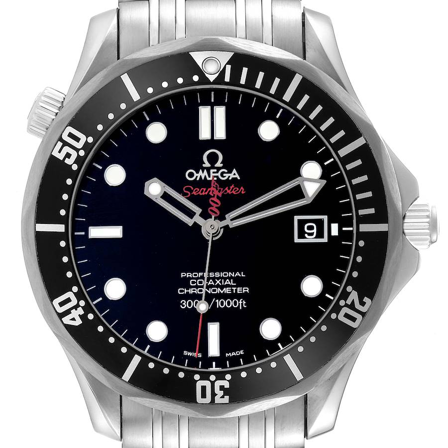 The image shows a frontal view of the Omega Seamaster watch, featuring the dial, bezel, crown, and part of the bracelet.