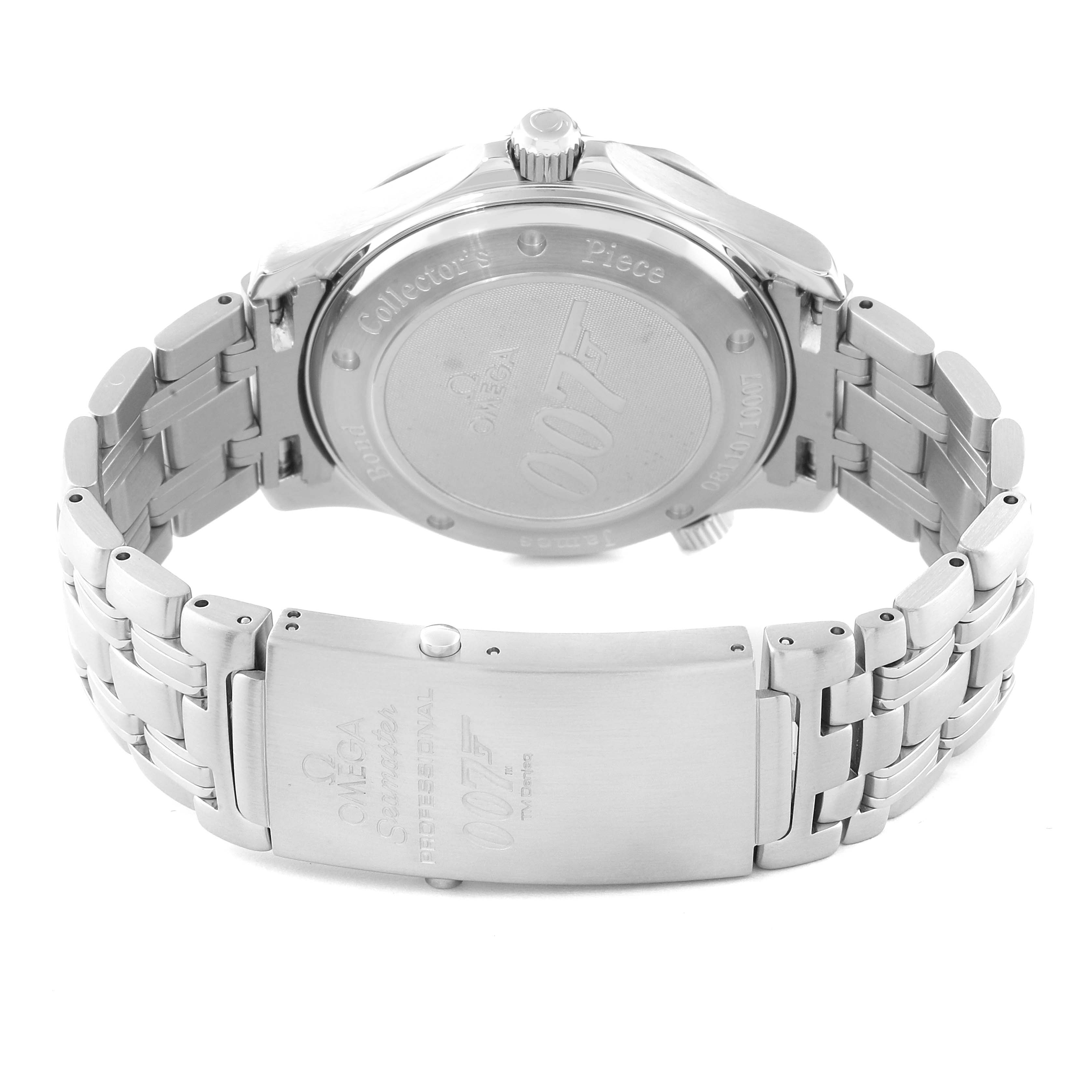 This Omega Seamaster 63141 Men's Stainless Steel Black Dial 63141 Men's Stainless Steel Black Dial watch is shown from the back, displaying the case back, crown, and stainless steel bracelet.