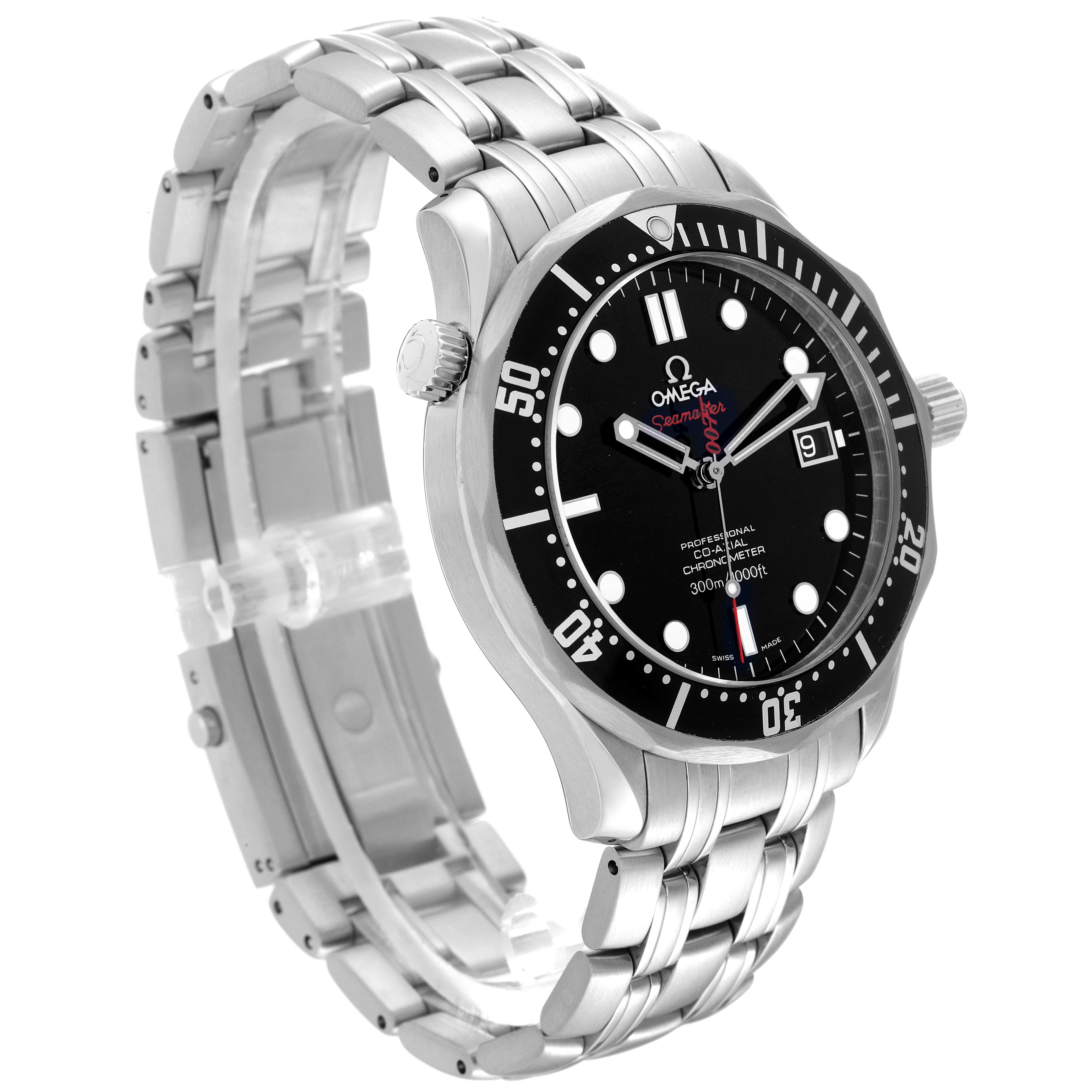 The image shows an Omega Seamaster 63141 Men's Stainless Steel Black Dial 63141 Men's Stainless Steel Black Dial watch at a slight side angle, highlighting the face, bezel, crown, and stainless steel bracelet.