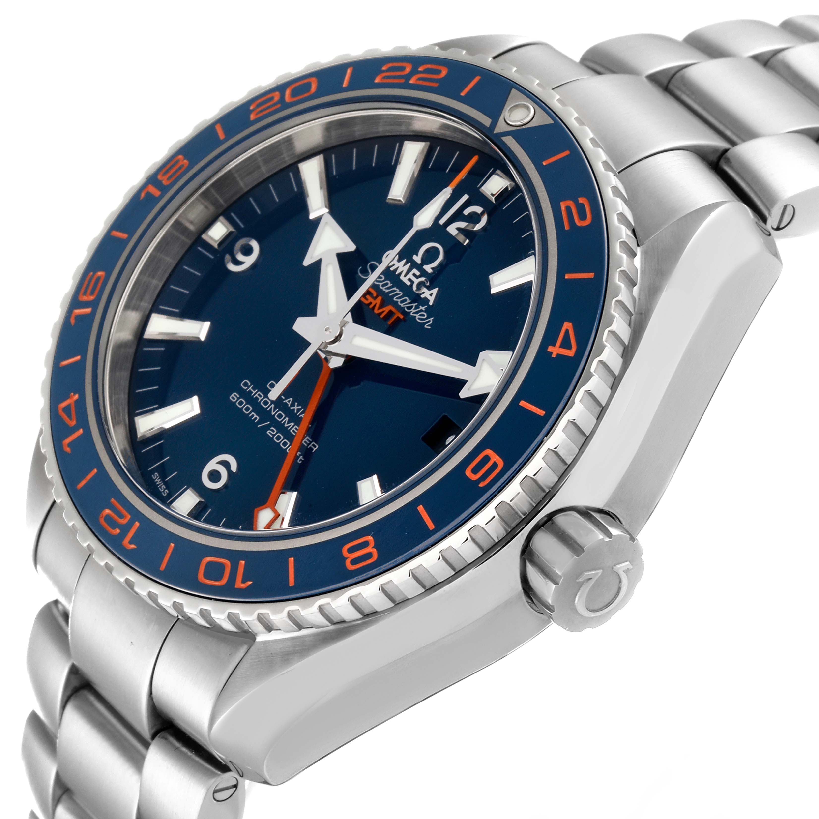 The image shows a close-up angle of the Omega Planet Ocean 232.30.44.22.03.001 Men's Stainless Steel Blue Dial 232.30.44.22.03.001 Men's Stainless Steel Blue Dial watch, highlighting the dial, bezel, crown, and part of the bracelet.