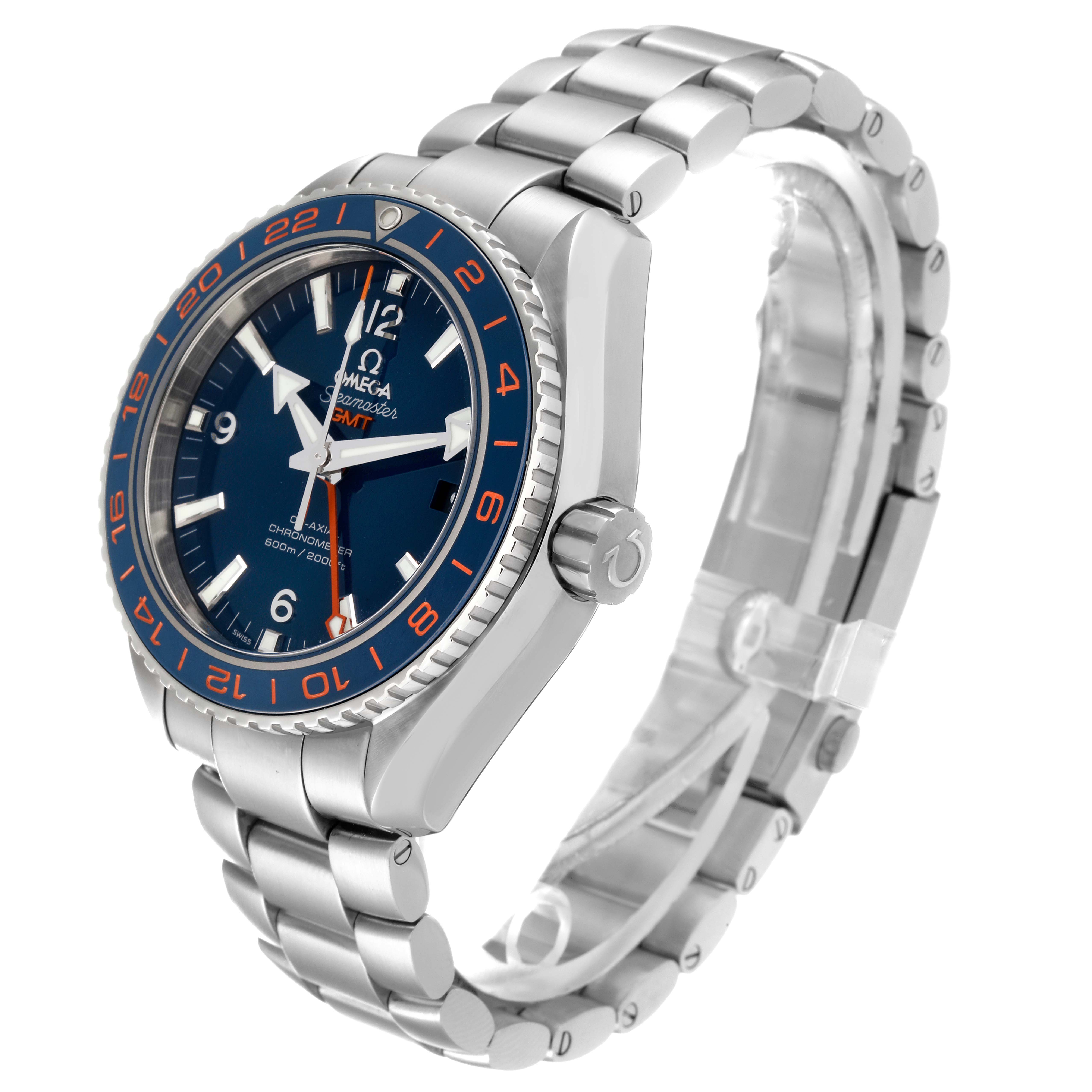 The image shows an Omega Planet Ocean 232.30.44.22.03.001 Men's Stainless Steel Blue Dial 232.30.44.22.03.001 Men's Stainless Steel Blue Dial watch from an angled side view, highlighting its face, bezel, crown, and bracelet.