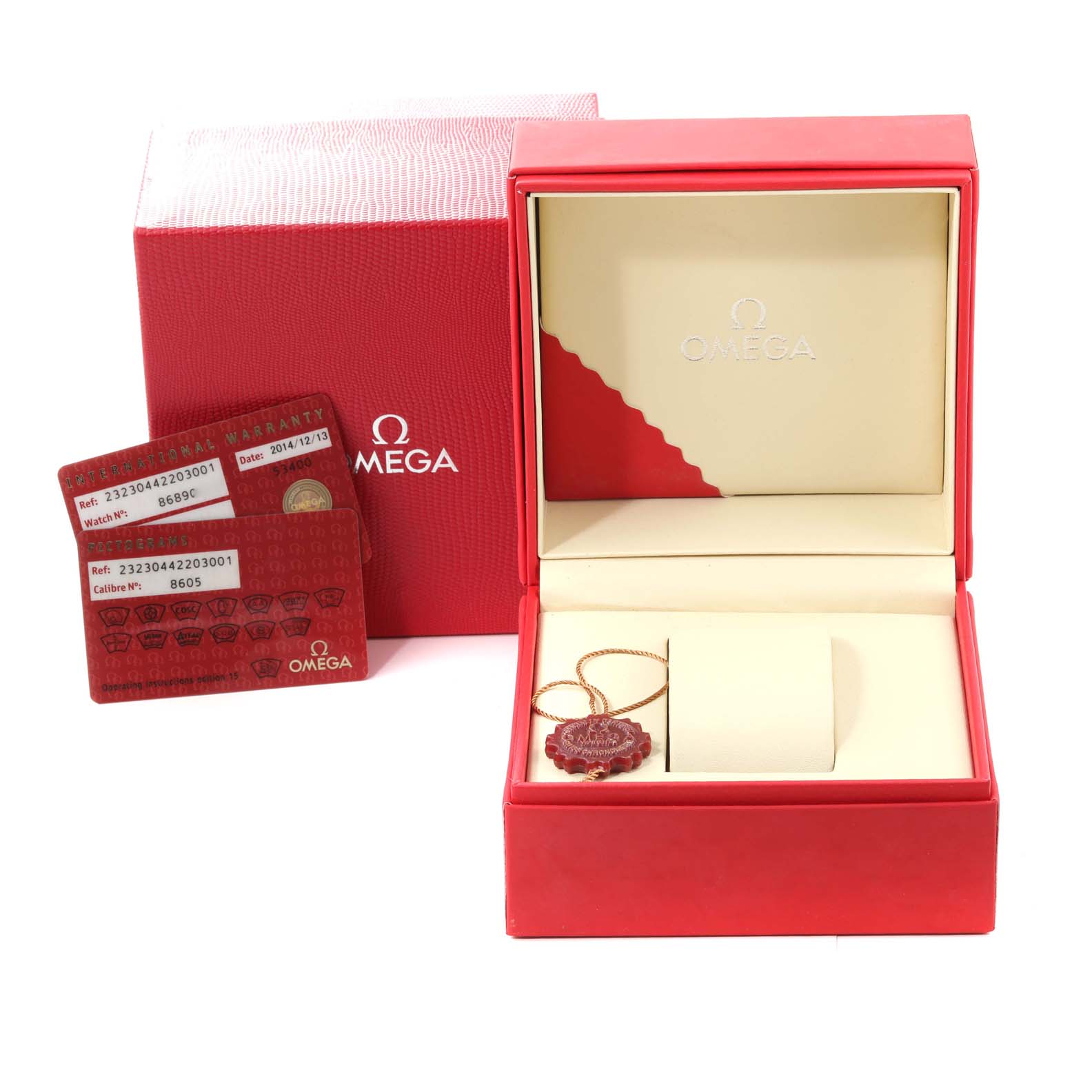 The image shows an Omega Planet Ocean 232.30.44.22.03.001 Men's Stainless Steel Blue Dial 232.30.44.22.03.001 Men's Stainless Steel Blue Dial watch box, warranty cards, and tags from a front angle.