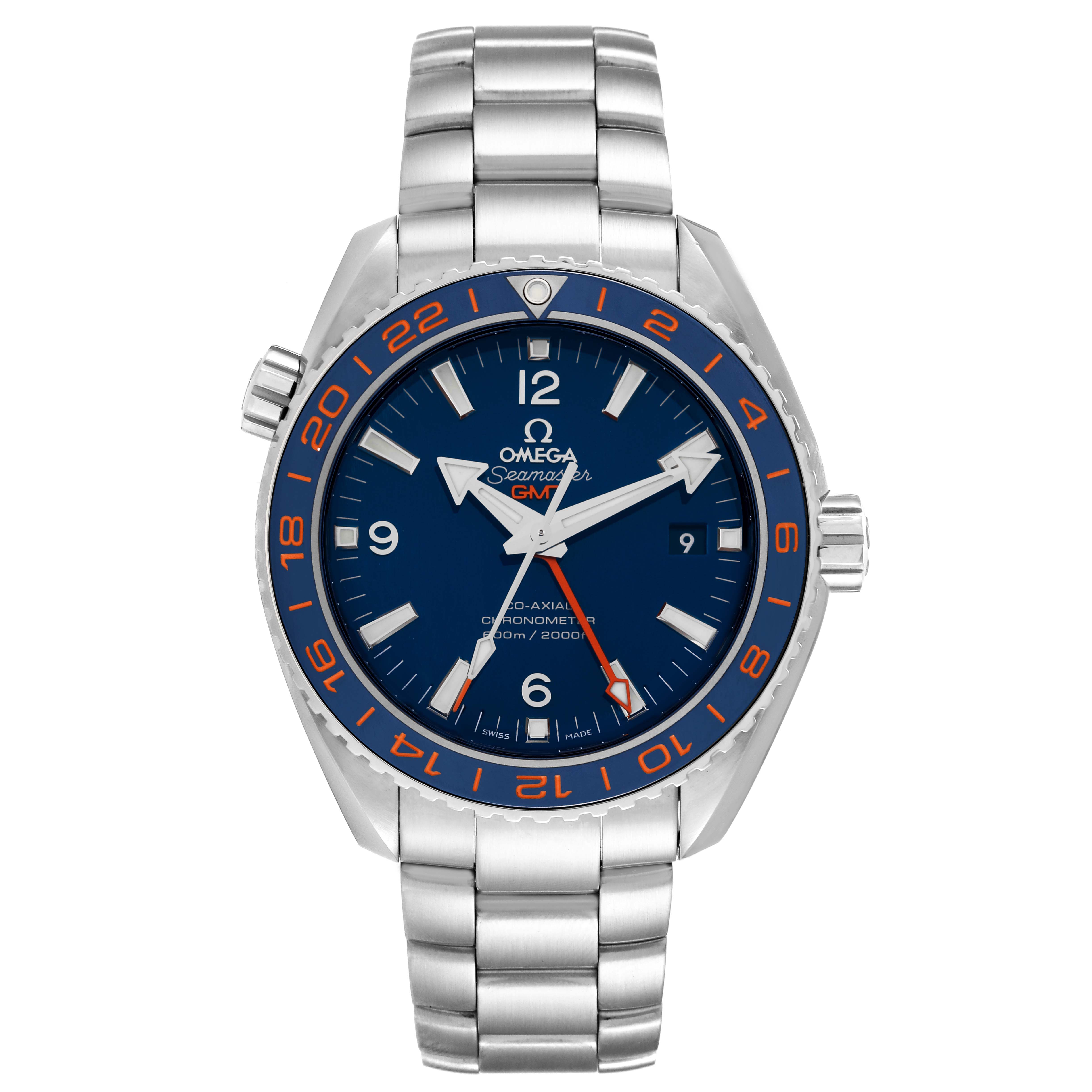 The image shows a front view of the Omega Planet Ocean 232.30.44.22.03.001 Men's Stainless Steel Blue Dial 232.30.44.22.03.001 Men's Stainless Steel Blue Dial Seamaster watch, displaying the dial, bezel, and bracelet.