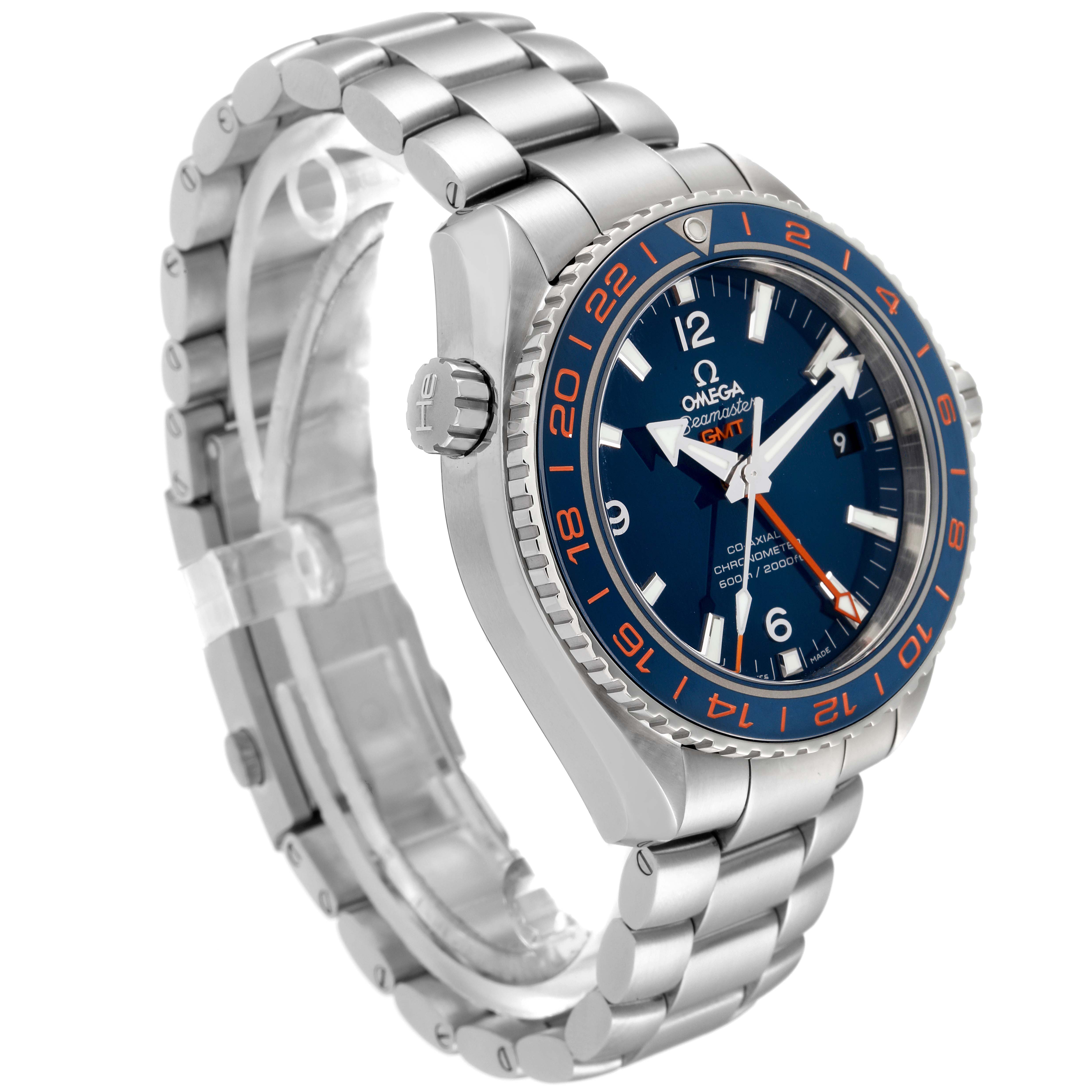 The image shows a side and front angle of an Omega Planet Ocean 232.30.44.22.03.001 Men's Stainless Steel Blue Dial 232.30.44.22.03.001 Men's Stainless Steel Blue Dial watch, showcasing its bezel, dial, case, bracelet, and crown.