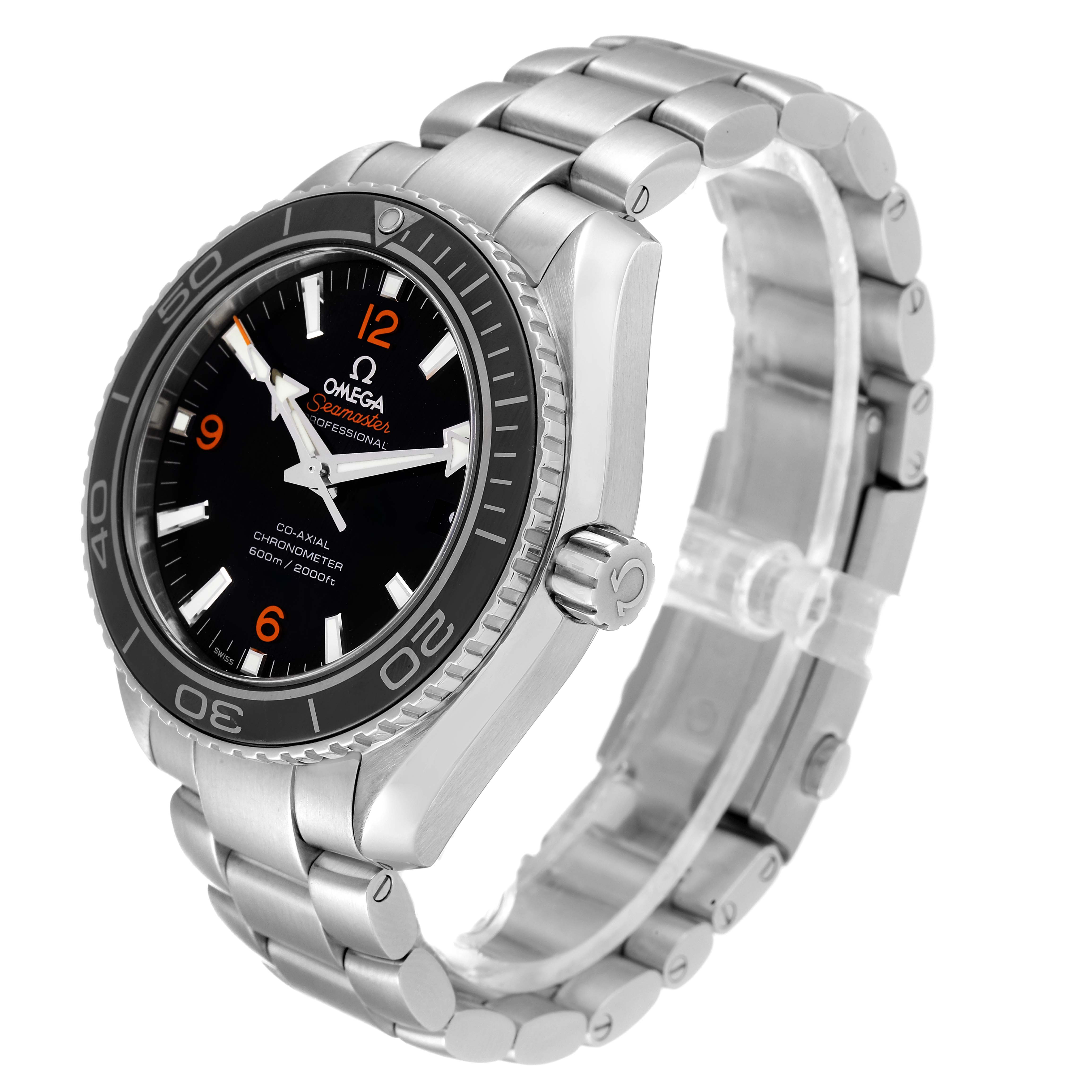 The Omega Planet Ocean 232.30.42.21.01.003 Men
s Stainless Steel Black Dial 232.30.42.21.01.003 Men
s Stainless Steel Black Dial watch is shown at a slight angle, highlighting the face, bezel, crown, and bracelet.