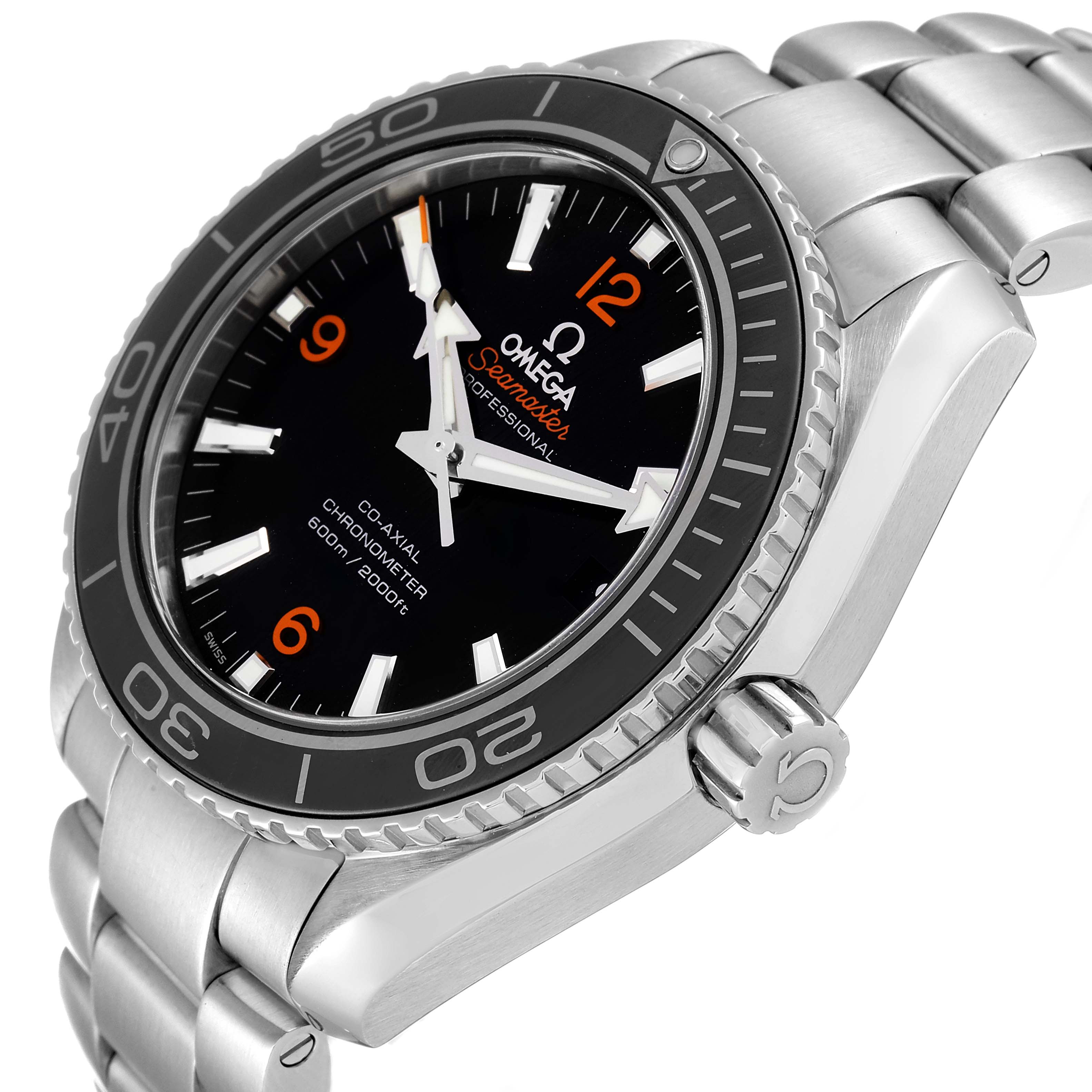 The image shows an angled view of an Omega Planet Ocean 232.30.42.21.01.003 Men
s Stainless Steel Black Dial 232.30.42.21.01.003 Men
s Stainless Steel Black Dial watch highlighting its face, bezel, crown, and metal bracelet.