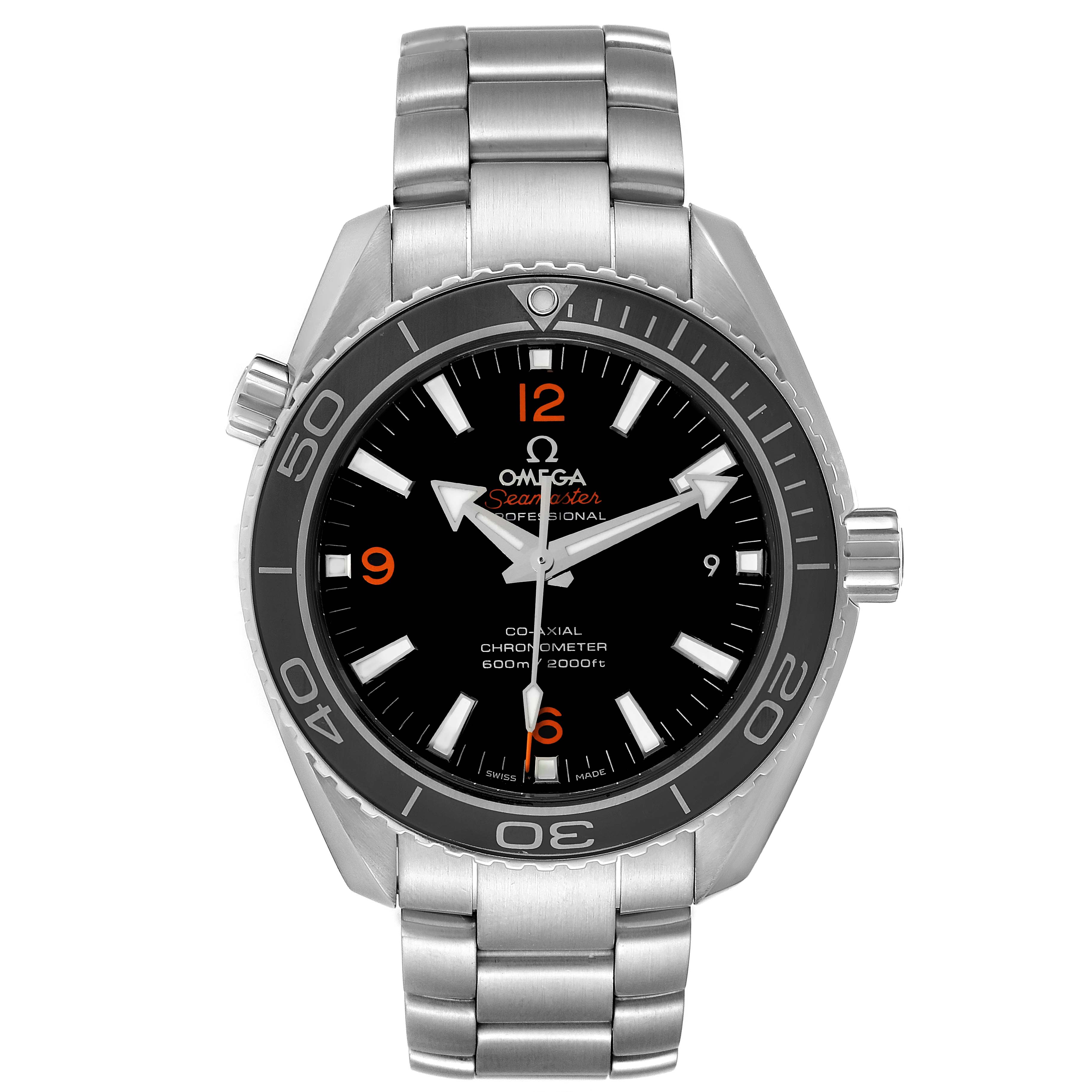 The image shows a front view of the Omega Planet Ocean 232.30.42.21.01.003 Men
s Stainless Steel Black Dial 232.30.42.21.01.003 Men
s Stainless Steel Black Dial watch, highlighting its face, bezel, and bracelet.